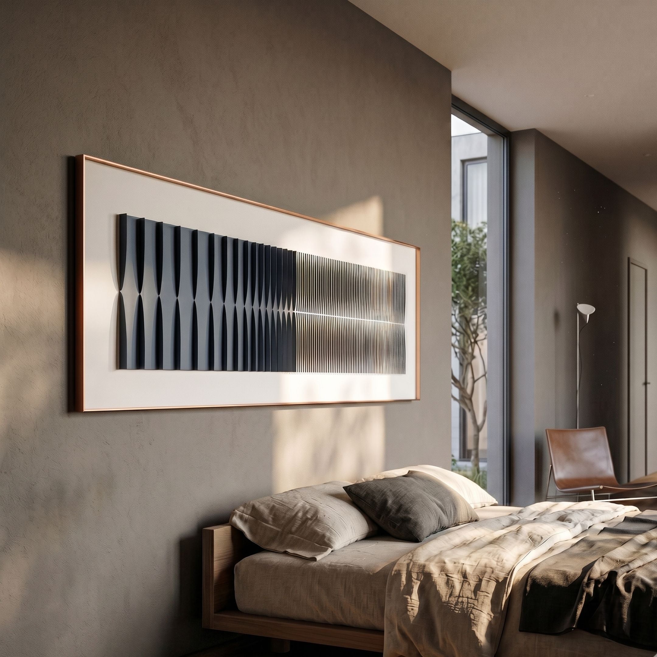 Flowline Slate Blue Gradient Acrylic 3D Wall Art by Giant Sculptures displayed in a modern bedroom above a linen-dressed bed, beside a floor-to-ceiling window.
