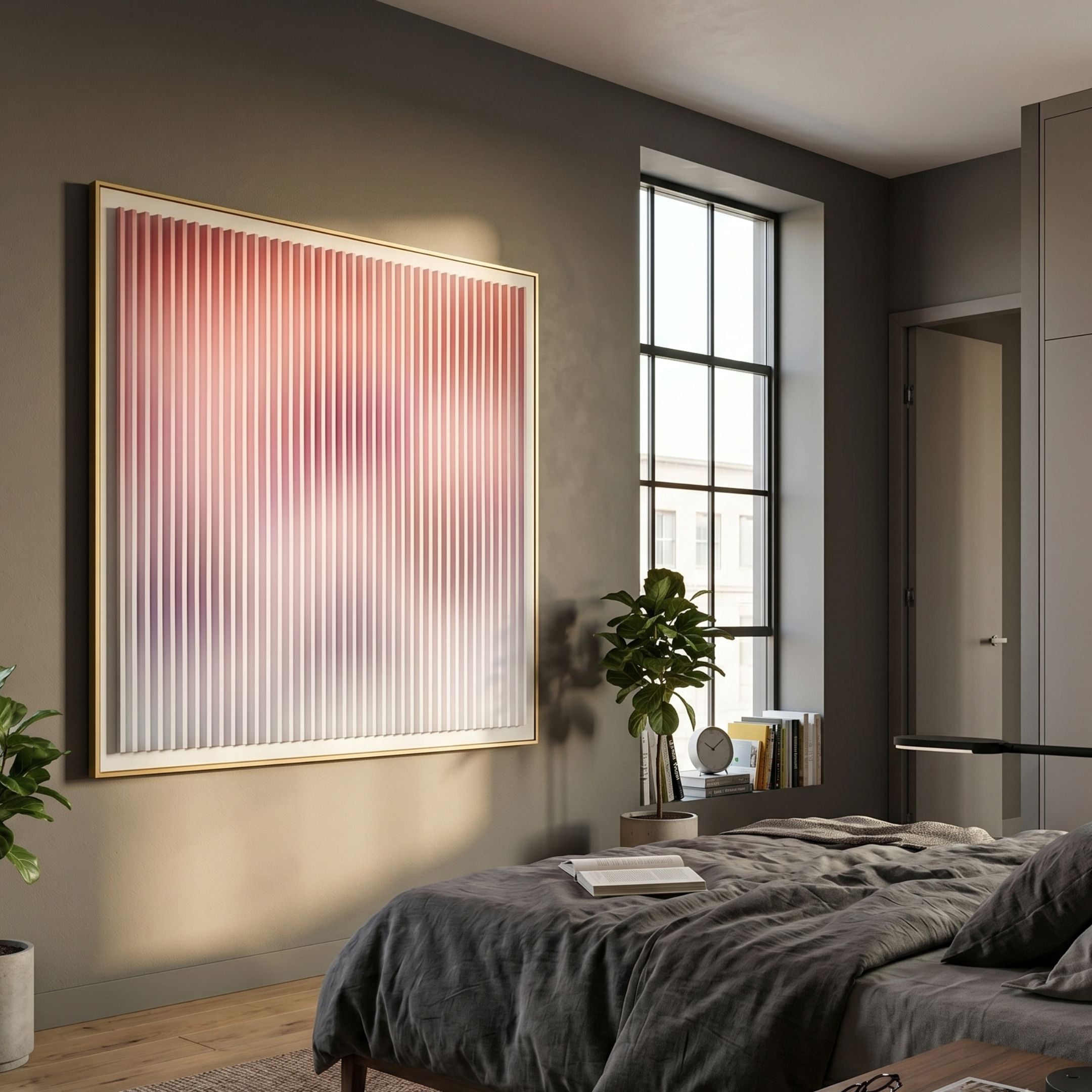 Current III Blush Coral & Snow White Acrylic 3D Wall Art by Giant Sculptures in a gold frame, displayed on a grey bedroom wall beside a tall window.