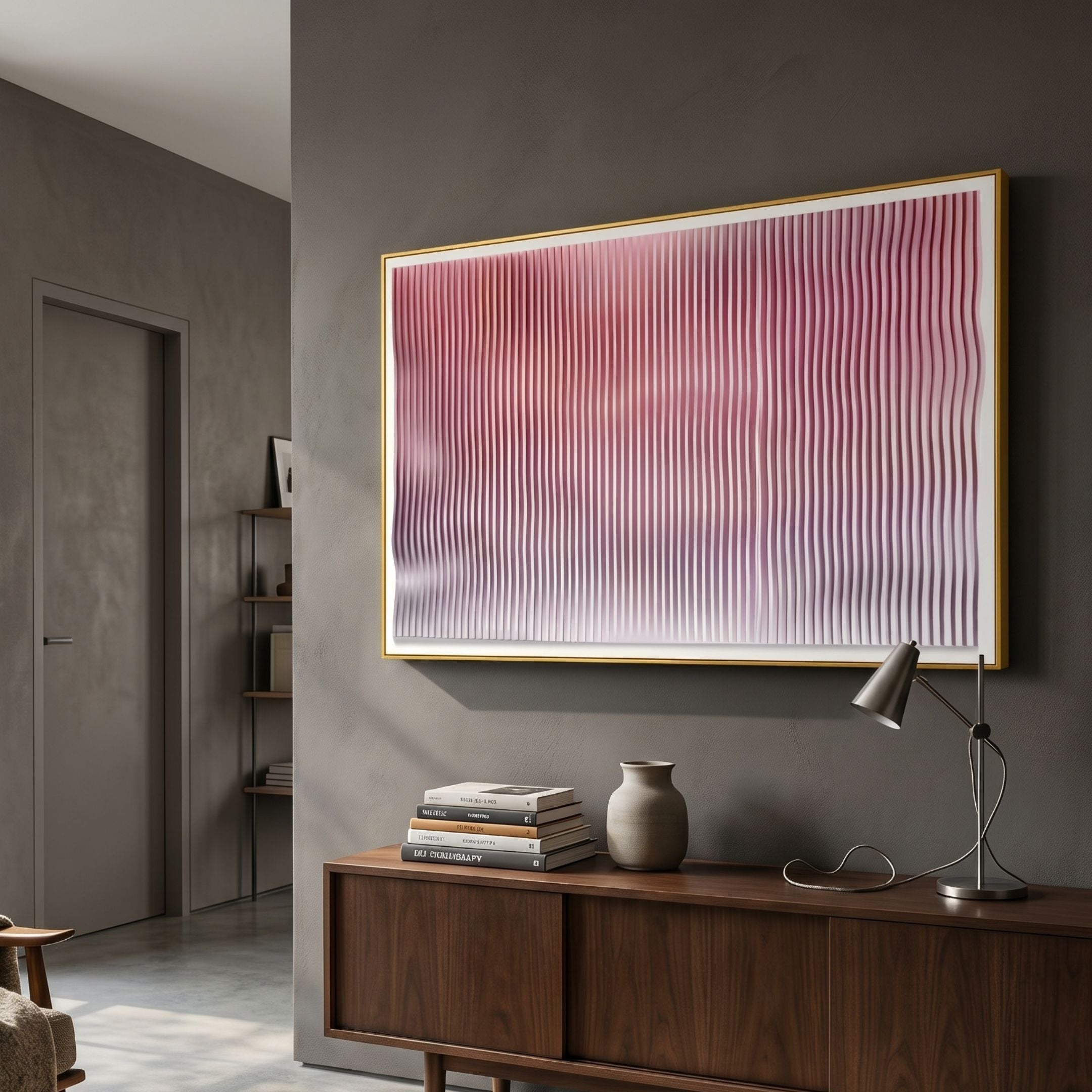 Current II Blush Coral & Snow White Acrylic 3D Wall Art by Giant Sculptures mounted in a grey living room above a walnut sideboard with lamp, vase, and books.