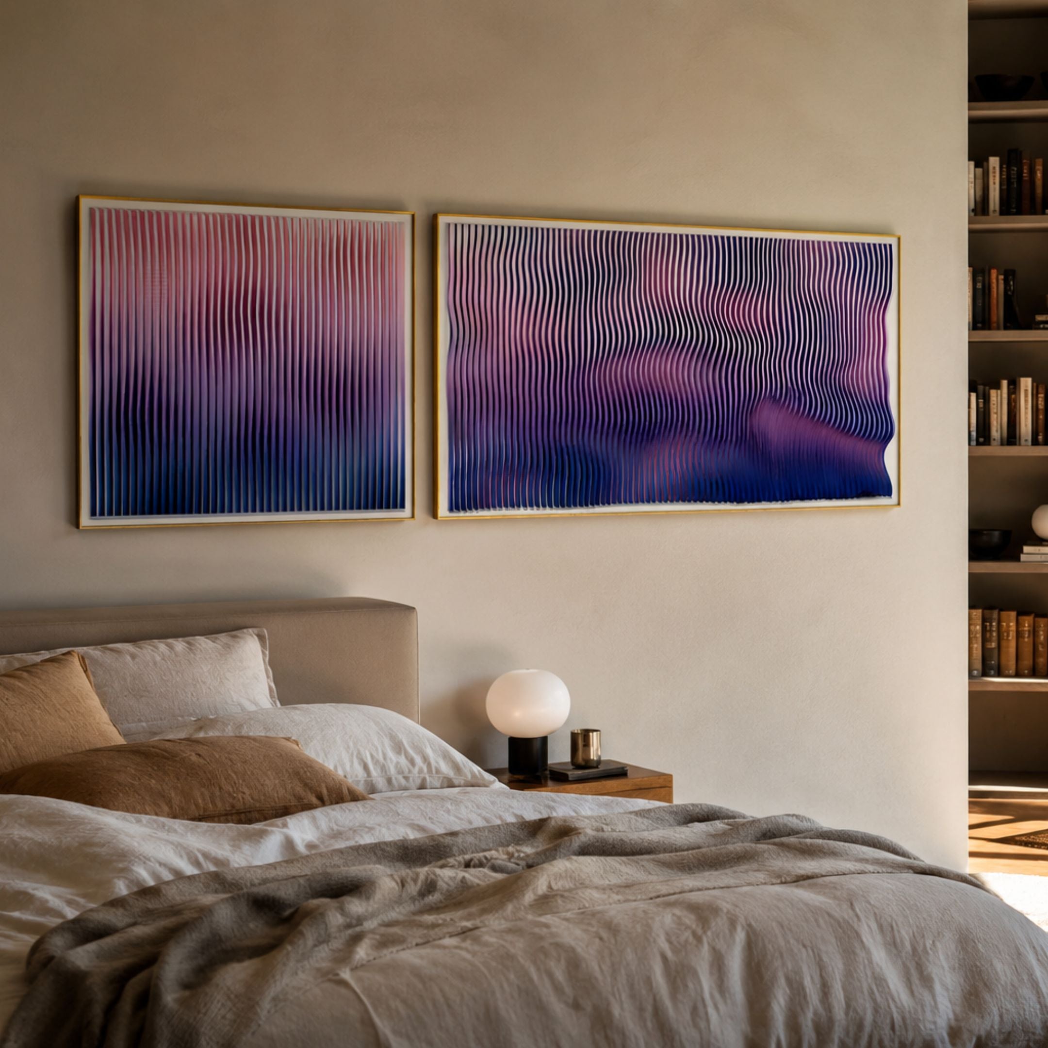 Current I Rose Plum & Midnight Purple Acrylic 3D Wall Art by Giant Sculptures, two gold-framed wavy line panels above a linen bed with nightstand lamp.
