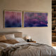 Current I Rose Plum & Midnight Purple Acrylic 3D Wall Art by Giant Sculptures, two gold-framed wavy line panels above a linen bed with nightstand lamp.