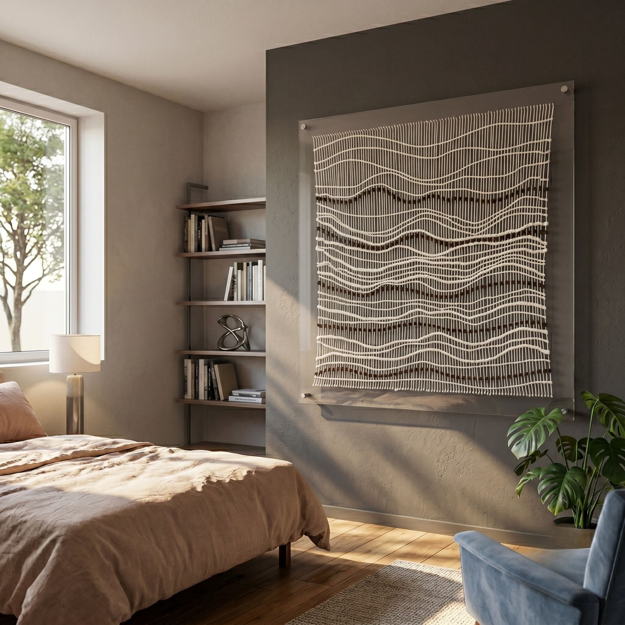 Tanglewave Ivory & Charcoal Ripple Texture Acrylic 3D Wall Art mounted on a taupe bedroom wall beside a bookshelf, linen bed, and monstera plant.