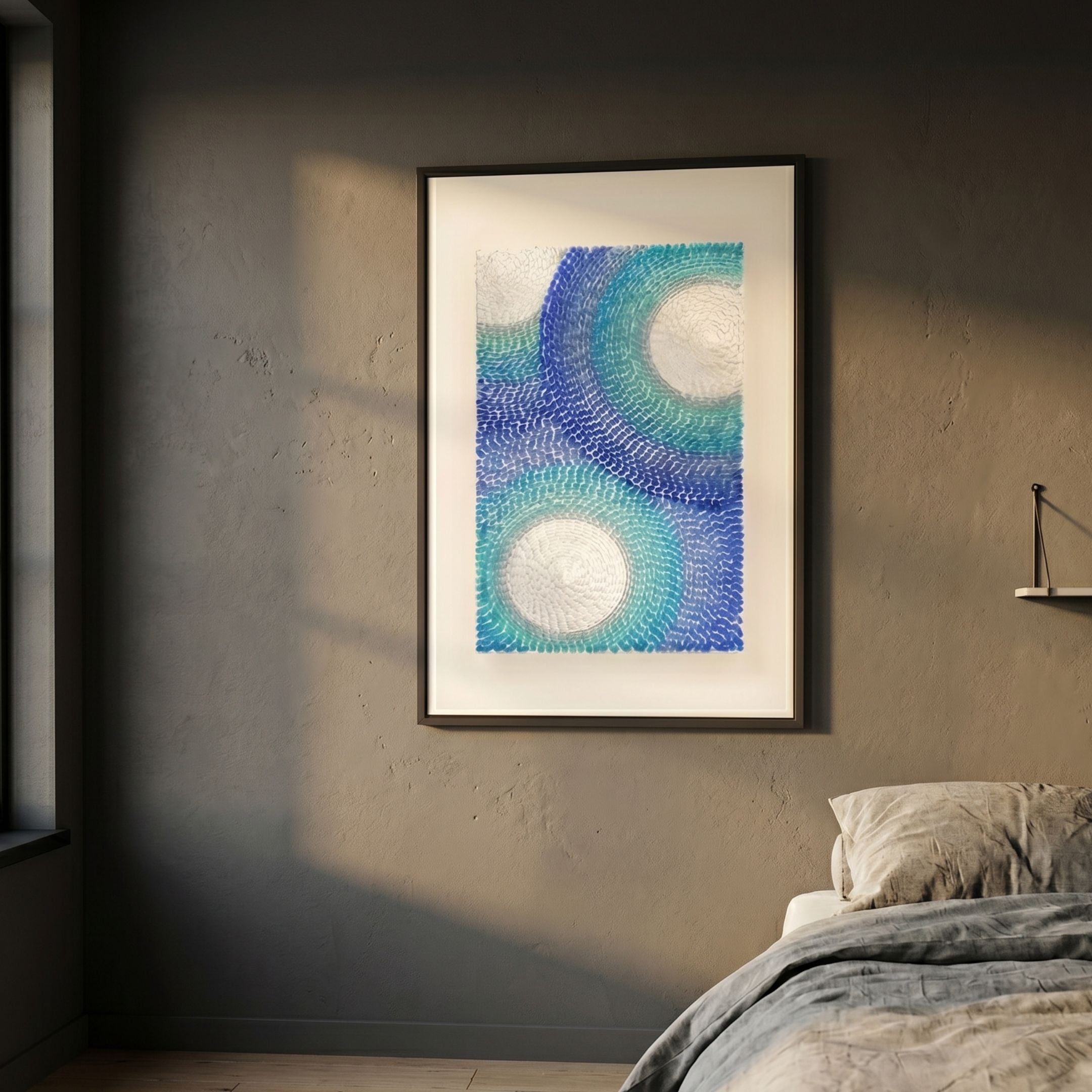 Glaciera Ripple Blue Aqua Silver Acrylic 3D Wall Art by Giant Sculptures framed above a bed in a warm-toned bedroom with soft directional sunlight.
