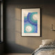 Glaciera Ripple Blue Aqua Silver Acrylic 3D Wall Art by Giant Sculptures framed above a bed in a warm-toned bedroom with soft directional sunlight.