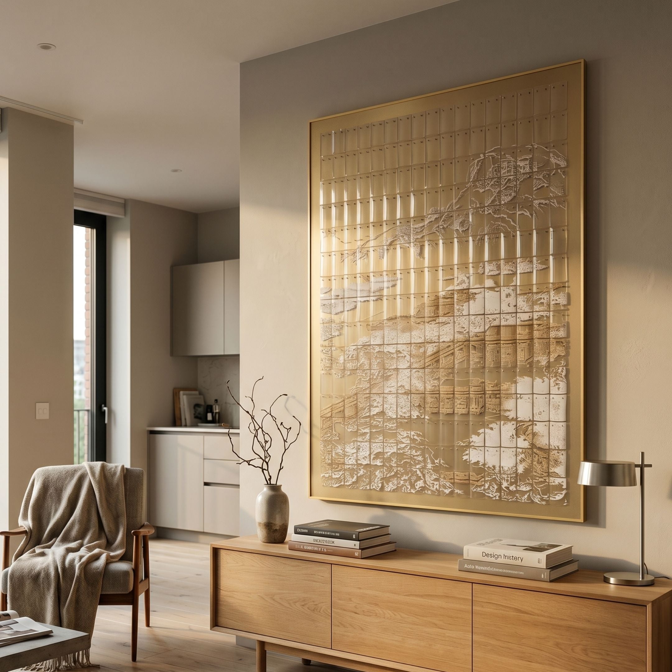Dynasty Golden Cliffs Framed Acrylic 3D Wall Art by Giant Sculptures displayed on a cream living room wall above an oak sideboard with armchair and kitchen nearby.
