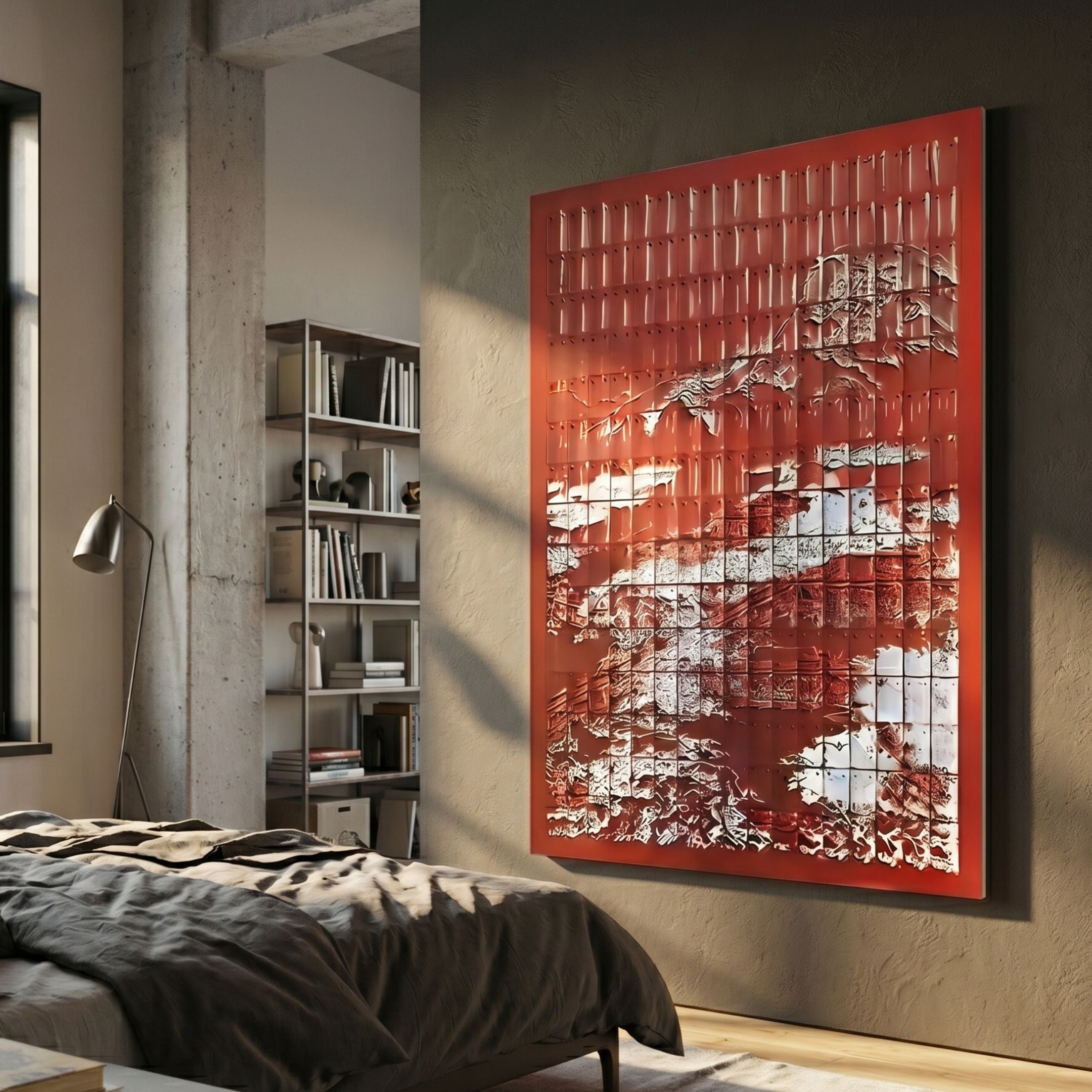 Dynasty Crimson Peaks Framed Acrylic 3D Wall Art by Giant Sculptures mounted in a modern bedroom beside a concrete column, bookshelf, and floor lamp.