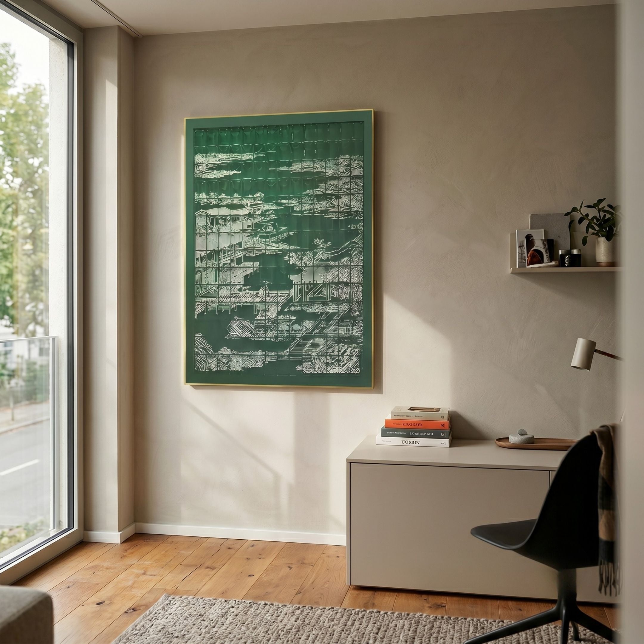 Dynasty Forest Green Pavilion Framed Acrylic 3D Wall Art by Giant Sculptures displayed in a sunlit modern study above a grey desk with books and chair.