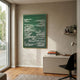 Dynasty Forest Green Pavilion Framed Acrylic 3D Wall Art by Giant Sculptures displayed in a sunlit modern study above a grey desk with books and chair.