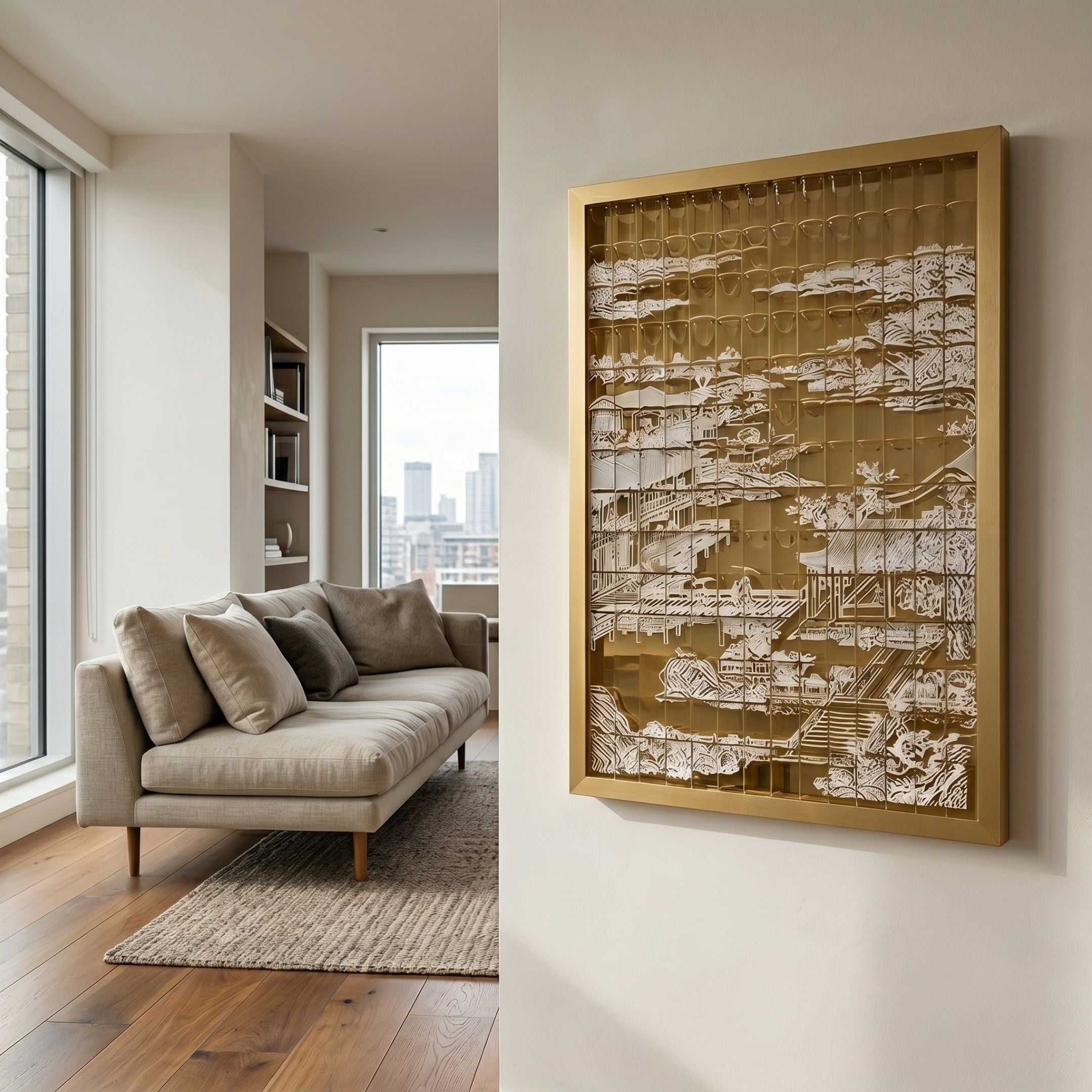 Dynasty Dark Gold Landscape Framed Acrylic 3D Wall Art by Giant Sculptures displayed on a cream wall beside a beige sofa in a modern living room.