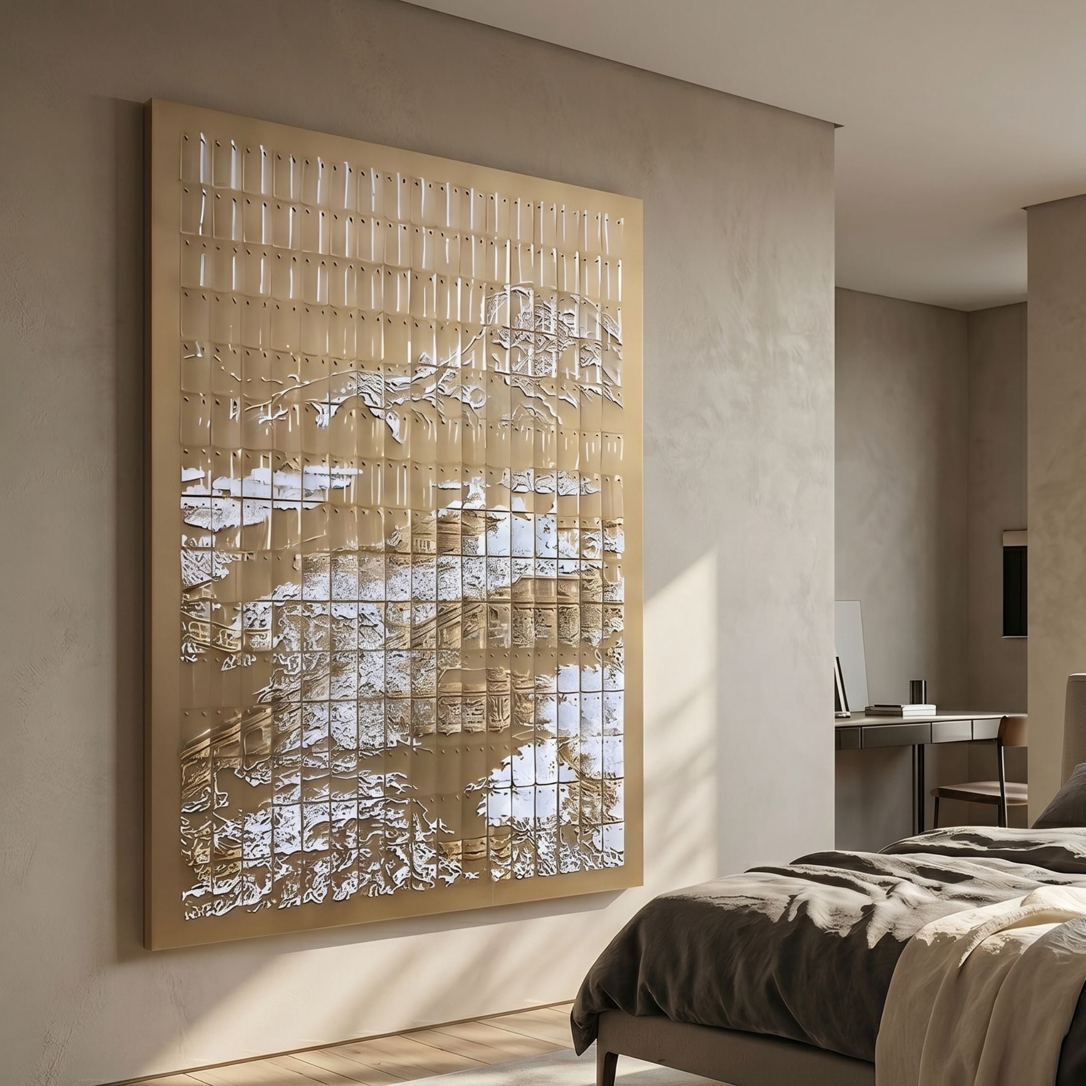 Dynasty Golden Cliffs Acrylic 3D Wall Art by Giant Sculptures displayed on a cream bedroom wall, its tan vertical slats forming a white and brown landscape.