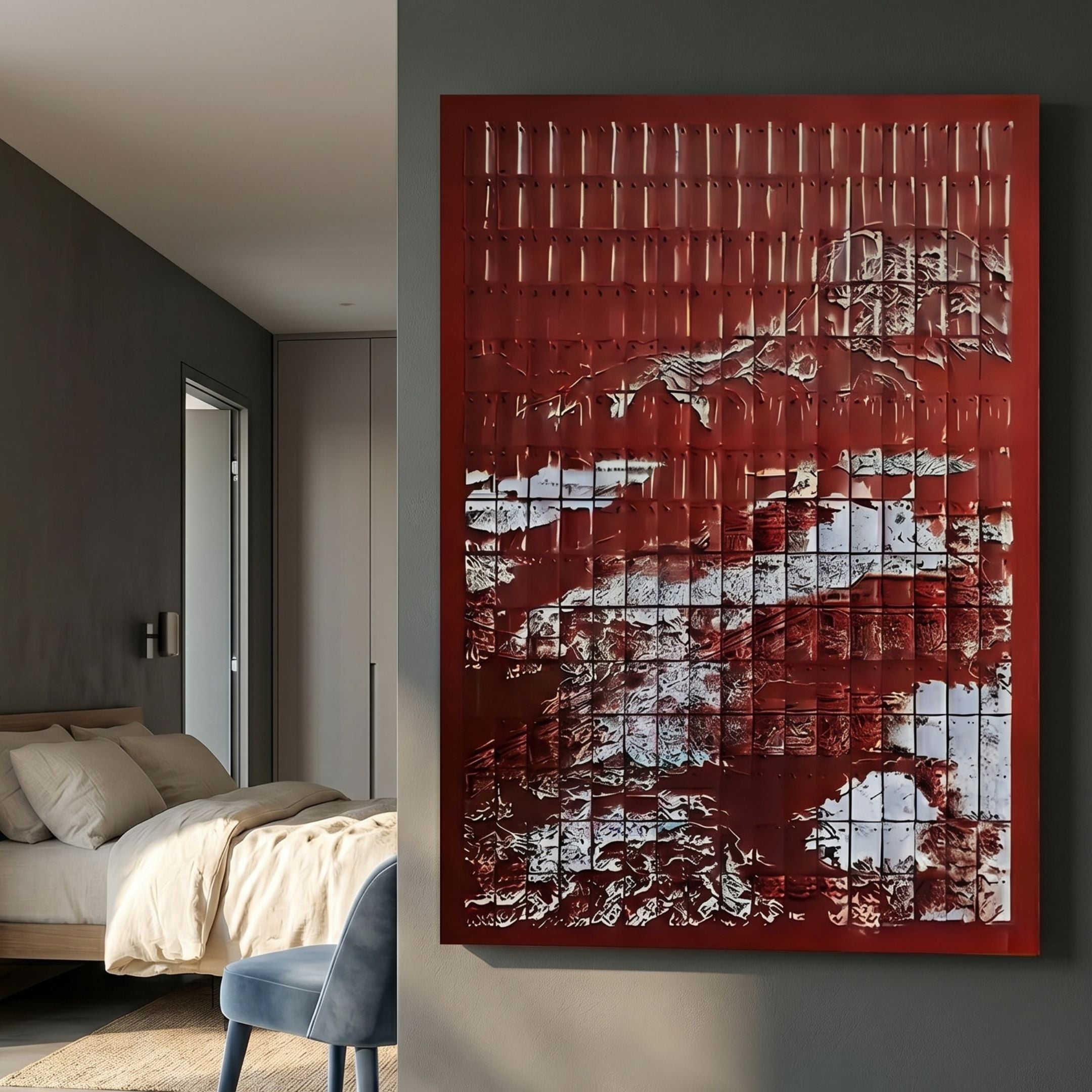 Dynasty Crimson Peaks Acrylic 3D Wall Art by Giant Sculptures, with vertical slits revealing white mountain peaks, mounted in a grey bedroom beside a linen bed.