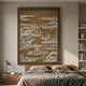 Dynasty Dark Gold Landscape Acrylic 3D Wall Art with white laser-cut Asian architecture, mounted above a wooden bed in a modern bedroom beside a bookshelf.