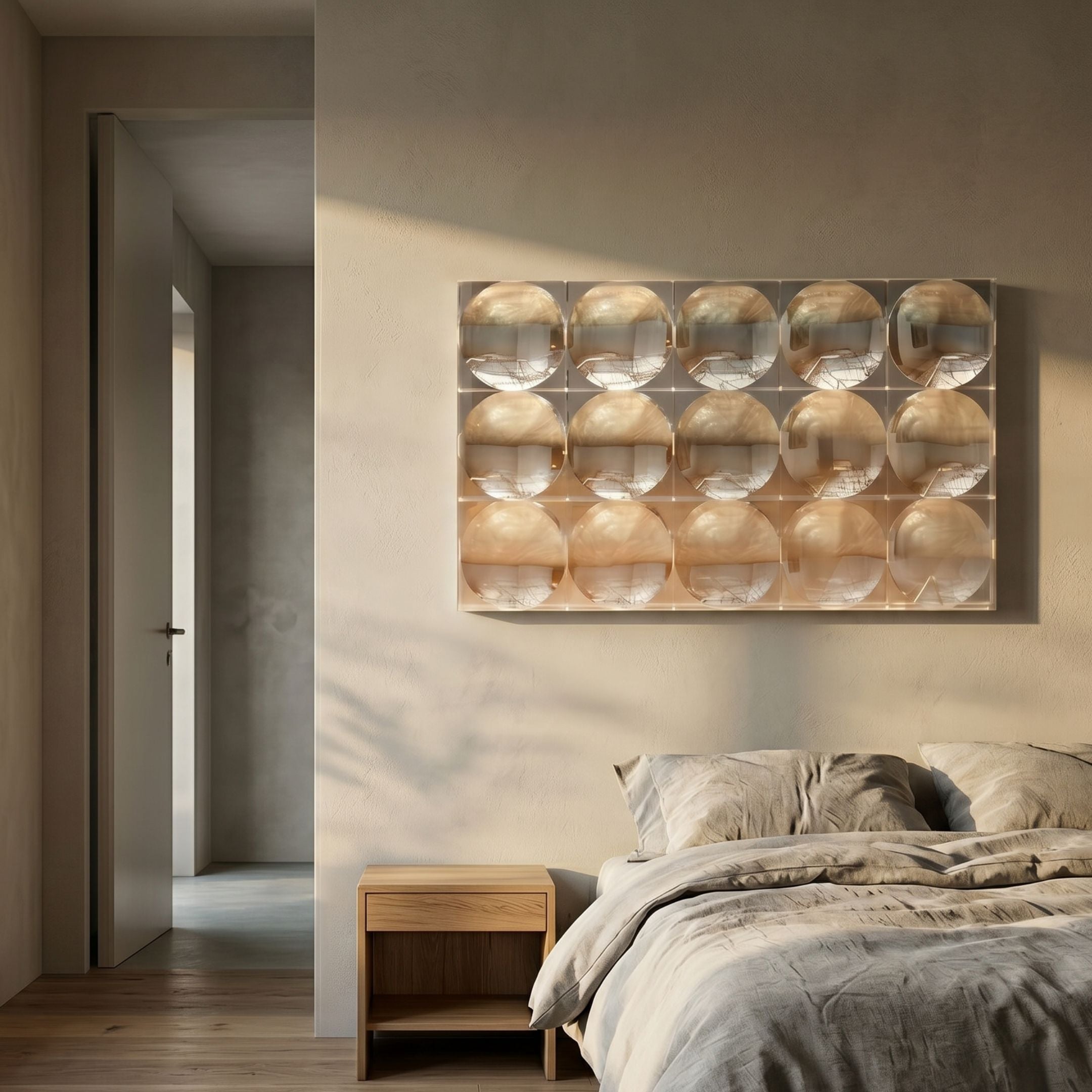 Reflect Champagne Beige & Soft Silver Mirror Acrylic 3D Wall Art by Giant Sculptures displayed above a wooden nightstand in a neutral linen bedroom.