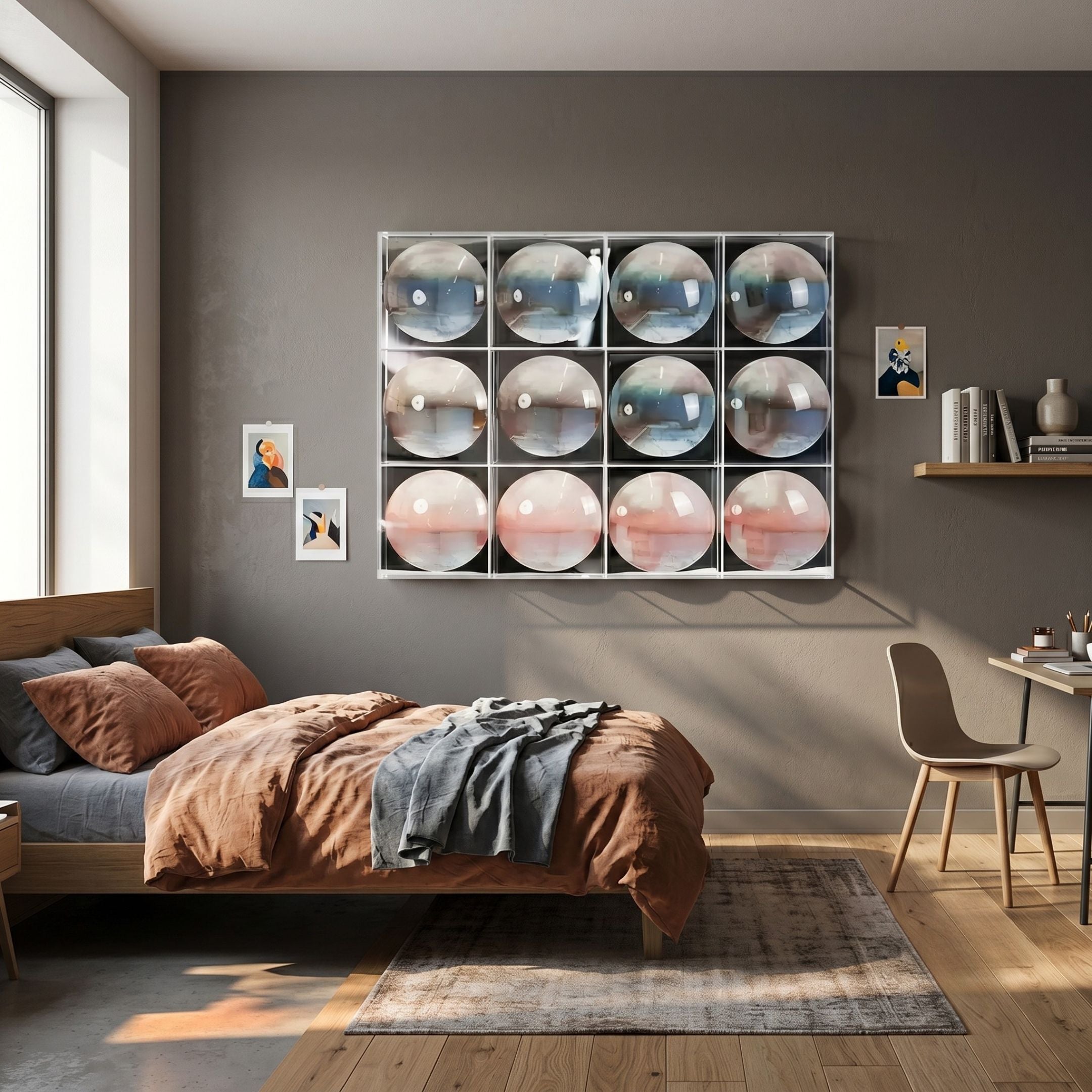 Reflect Misty Rose & Storm Blue Mirror Acrylic 3D Wall Art by Giant Sculptures displayed in a modern bedroom above a wooden bed with terracotta bedding.