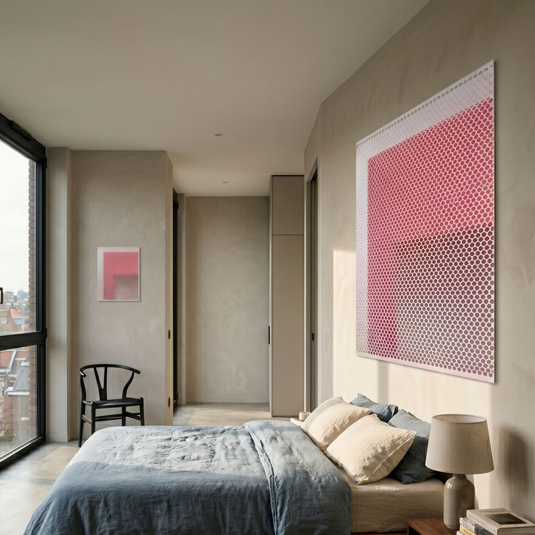 Pixelate Scarlet Blush Acrylic 3D Wall Art by Giant Sculptures mounted above a bed with blue linens, beside a window, wishbone chair, and smaller pink artwork.