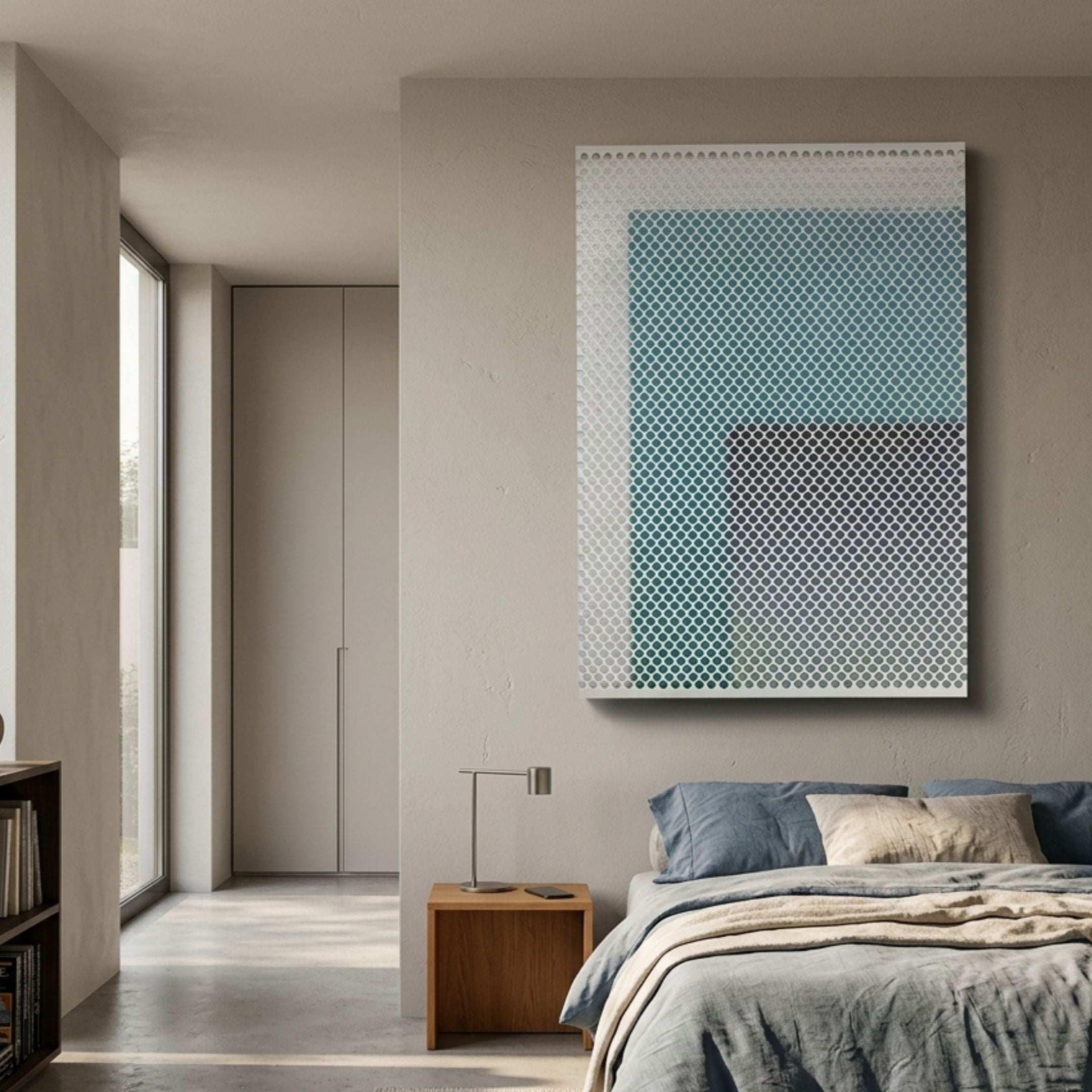 Pixelate Sky Frost Acrylic 3D Wall Art by Giant Sculptures displayed above a wooden nightstand in a modern bedroom with blue linen bedding and beige walls.