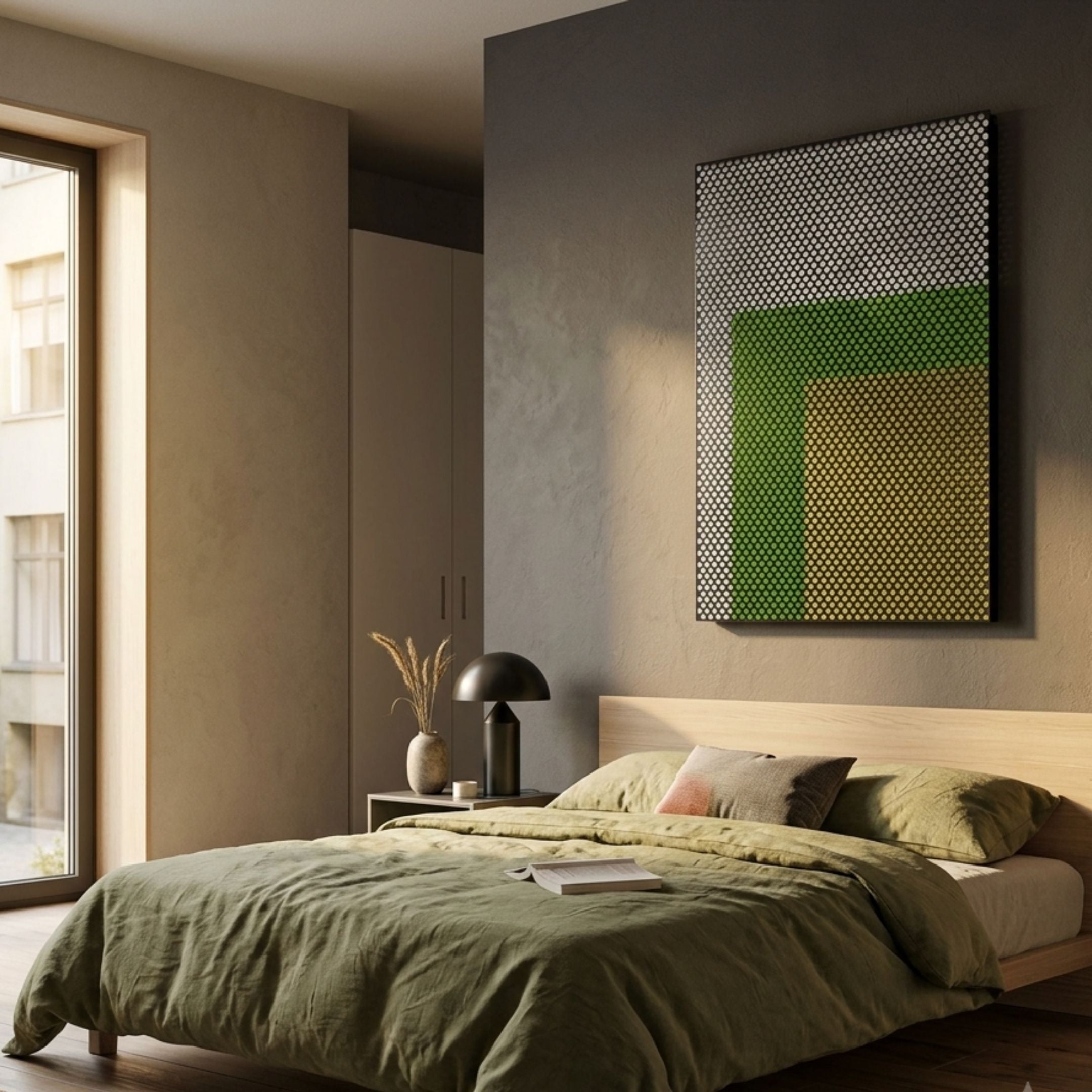Pixelate Lime Gold Acrylic 3D Wall Art by Giant Sculptures displayed above a wooden bed with olive green linens in a modern bedroom with taupe walls.