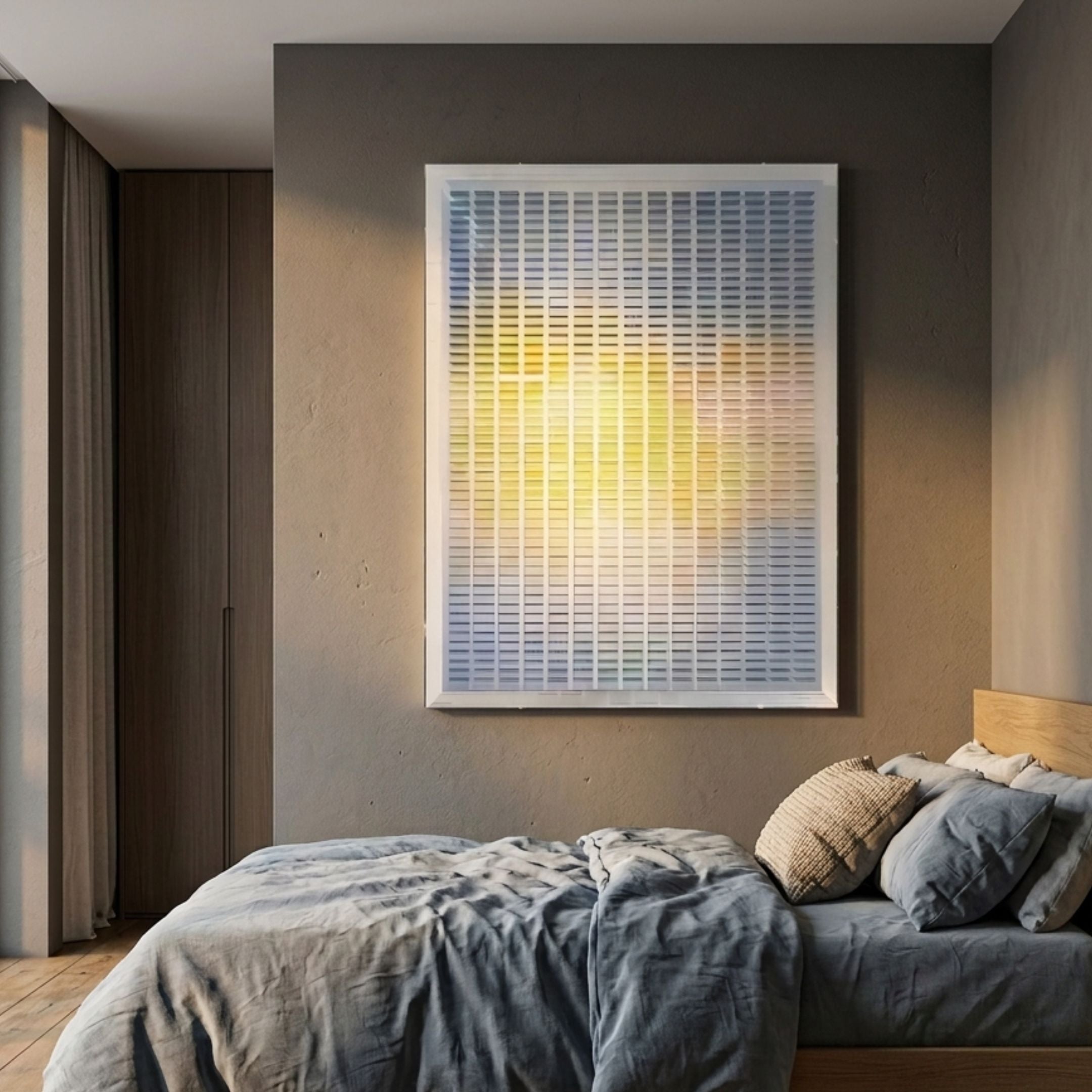 Chromat Lemon Sky Radiance Acrylic 3D Wall Art with horizontal slats in a lemon-to-lavender gradient, mounted above a linen-dressed bed in a modern bedroom.