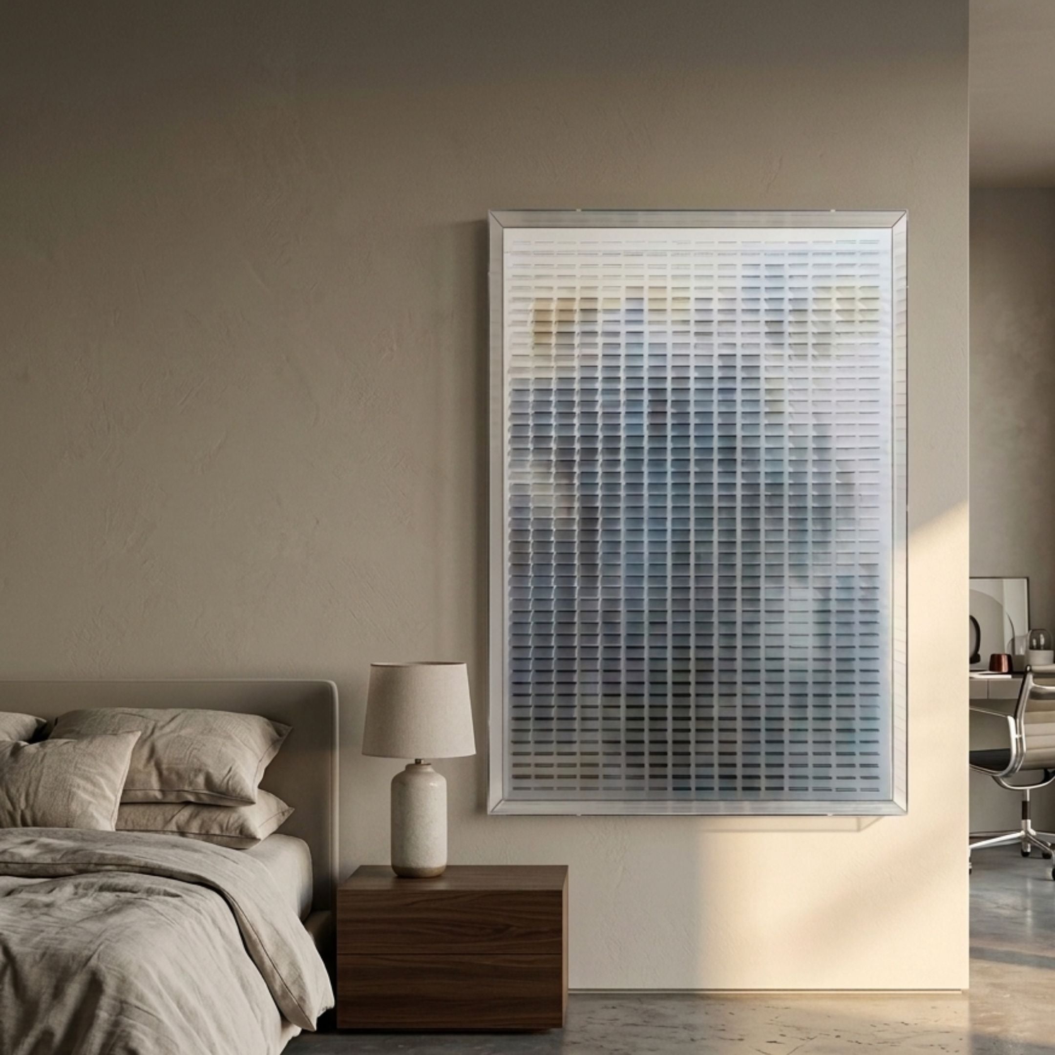 Chromat Nebula Blue Gradient Acrylic 3D Wall Art by Giant Sculptures mounted above a walnut nightstand in a neutral bedroom with linen bedding and a ceramic lamp.