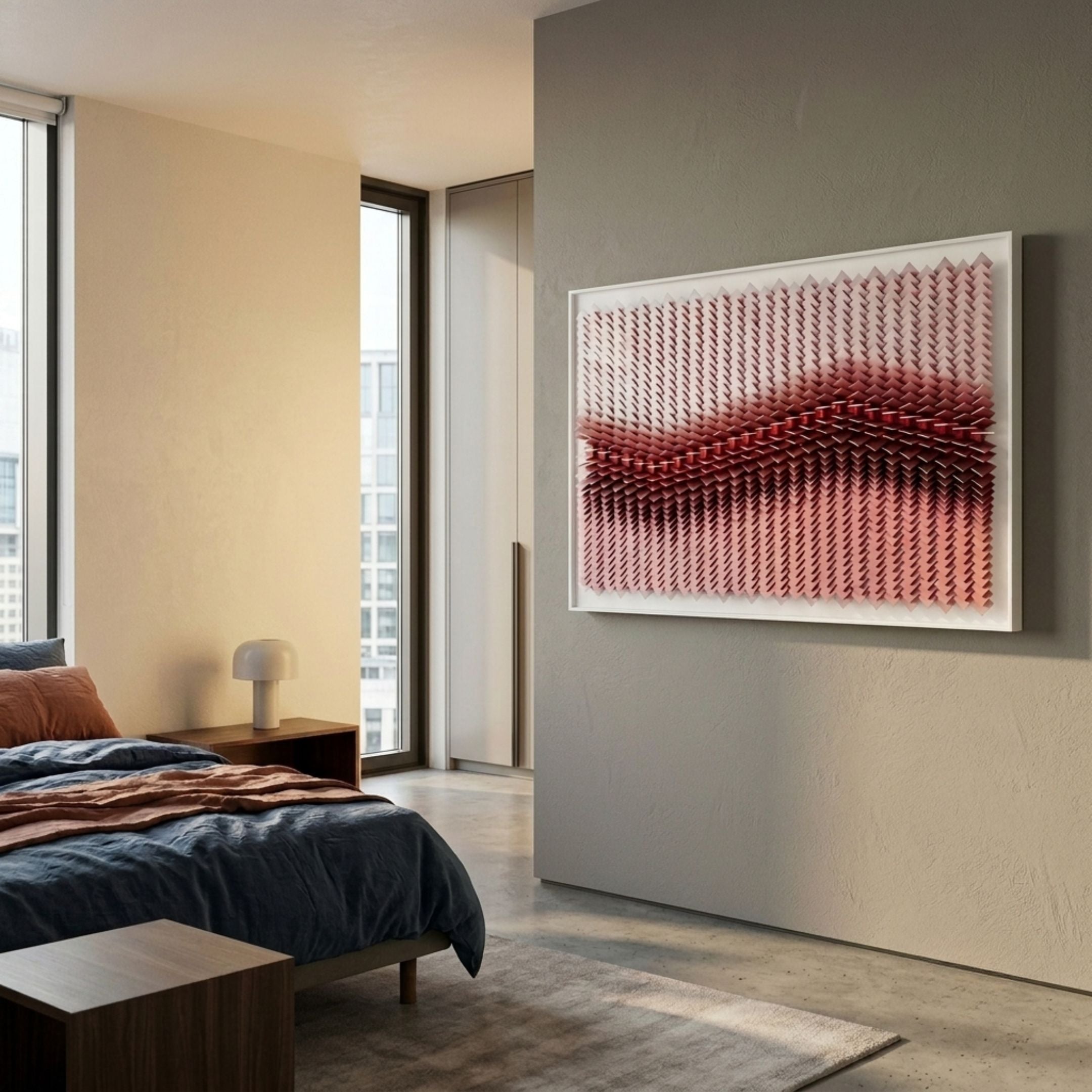 Tessera Blush Rose & Mulberry Line Acrylic 3D Wall Art by Giant Sculptures mounted in a modern bedroom above a blue and rust bed beside floor-to-ceiling windows.