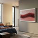 Tessera Blush Rose & Mulberry Line Acrylic 3D Wall Art by Giant Sculptures mounted in a modern bedroom above a blue and rust bed beside floor-to-ceiling windows.