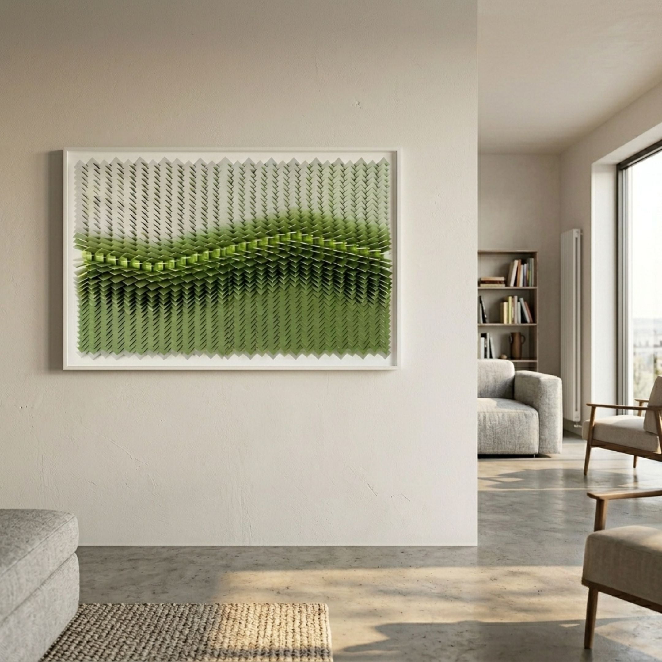 Tessera Graphite Grey & Neon Lime Line Acrylic 3D Wall Art in a white frame above a concrete-floor living room with grey sofa and armchairs.