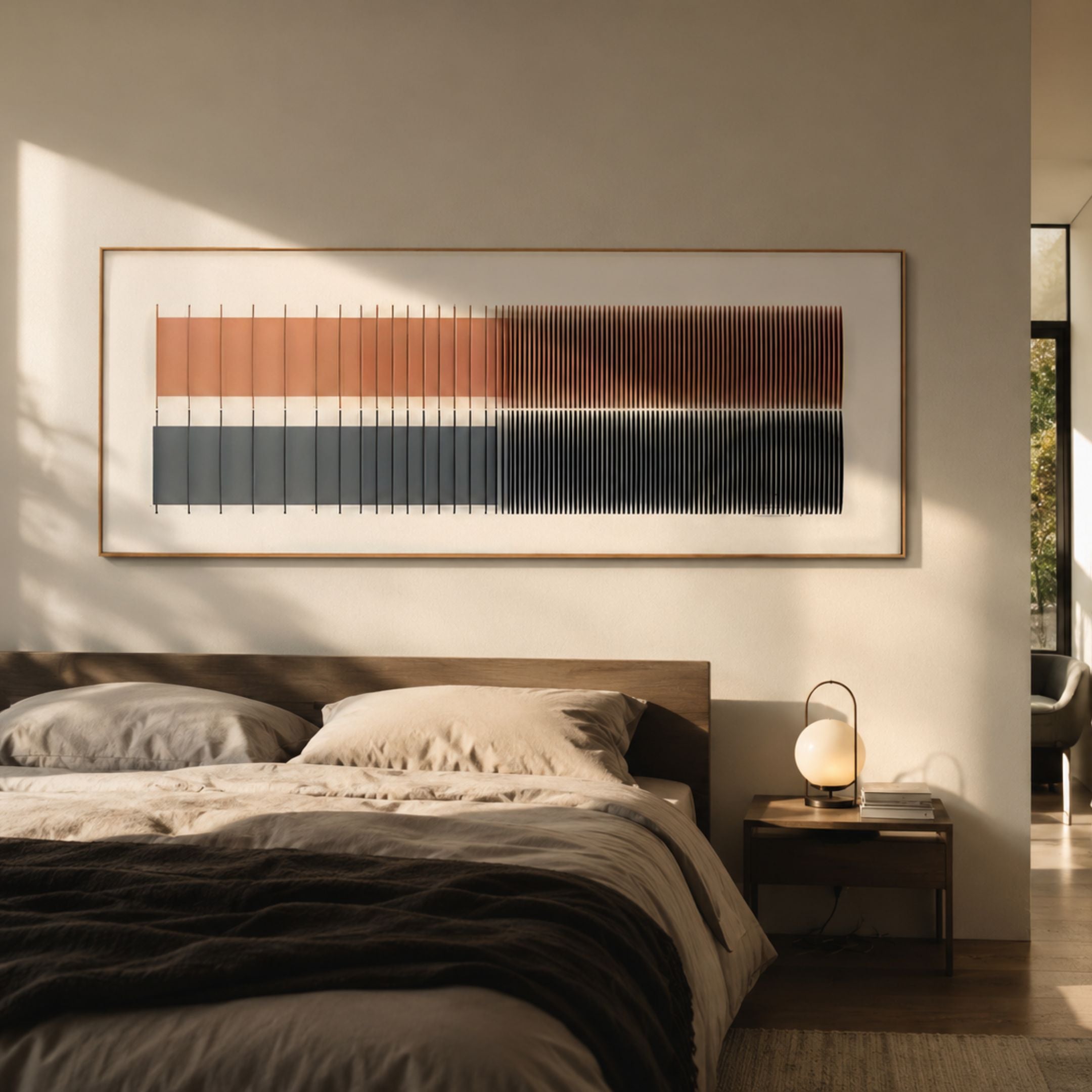 Flowline I Dual Tone Copper & Charcoal Acrylic 3D Wall Art by Giant Sculptures displayed above a wooden bed with linen bedding in a sunlit modern bedroom.
