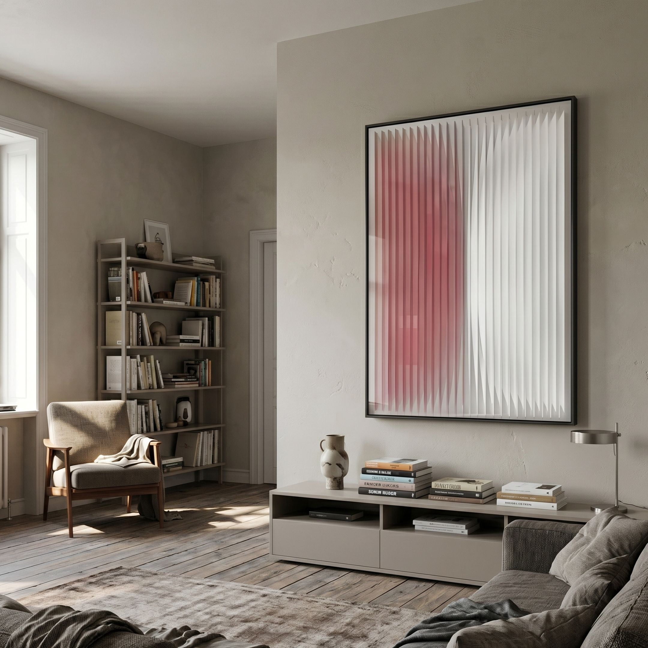 Verta Rose Gradient Acrylic 3D Wall Art by Giant Sculptures mounted above a low console in a neutral living room with armchair, bookshelf, and sofa.
