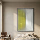 Verta Lemon Gradient Acrylic 3D Wall Art by Giant Sculptures, with vertical yellow-to-white panels in a black frame, displayed above a bed beside a wooden chair.