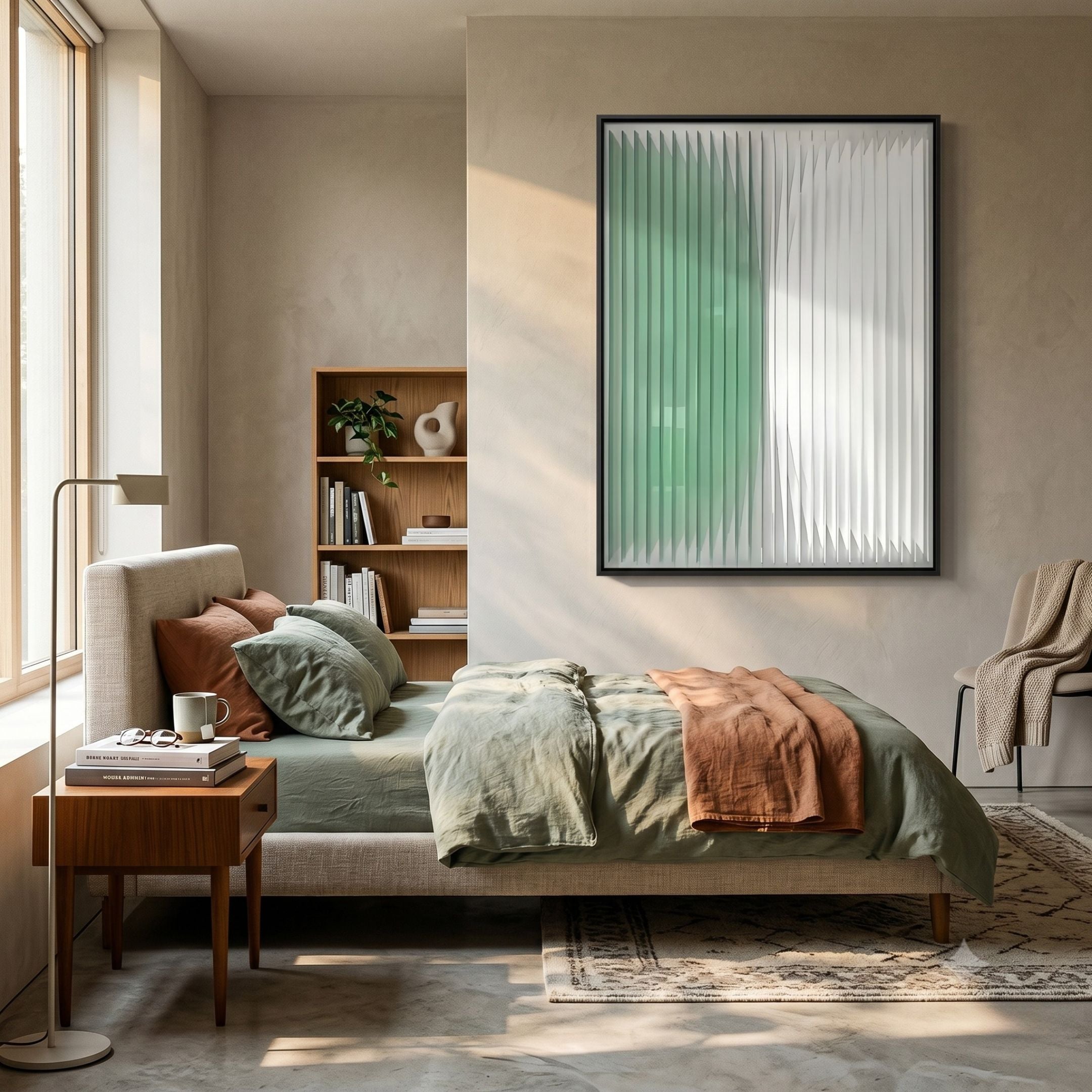 Verta Mint Gradient Acrylic 3D Wall Art by Giant Sculptures displayed above a sage-linen bed in a neutral modern bedroom with wood nightstand and bookshelf.