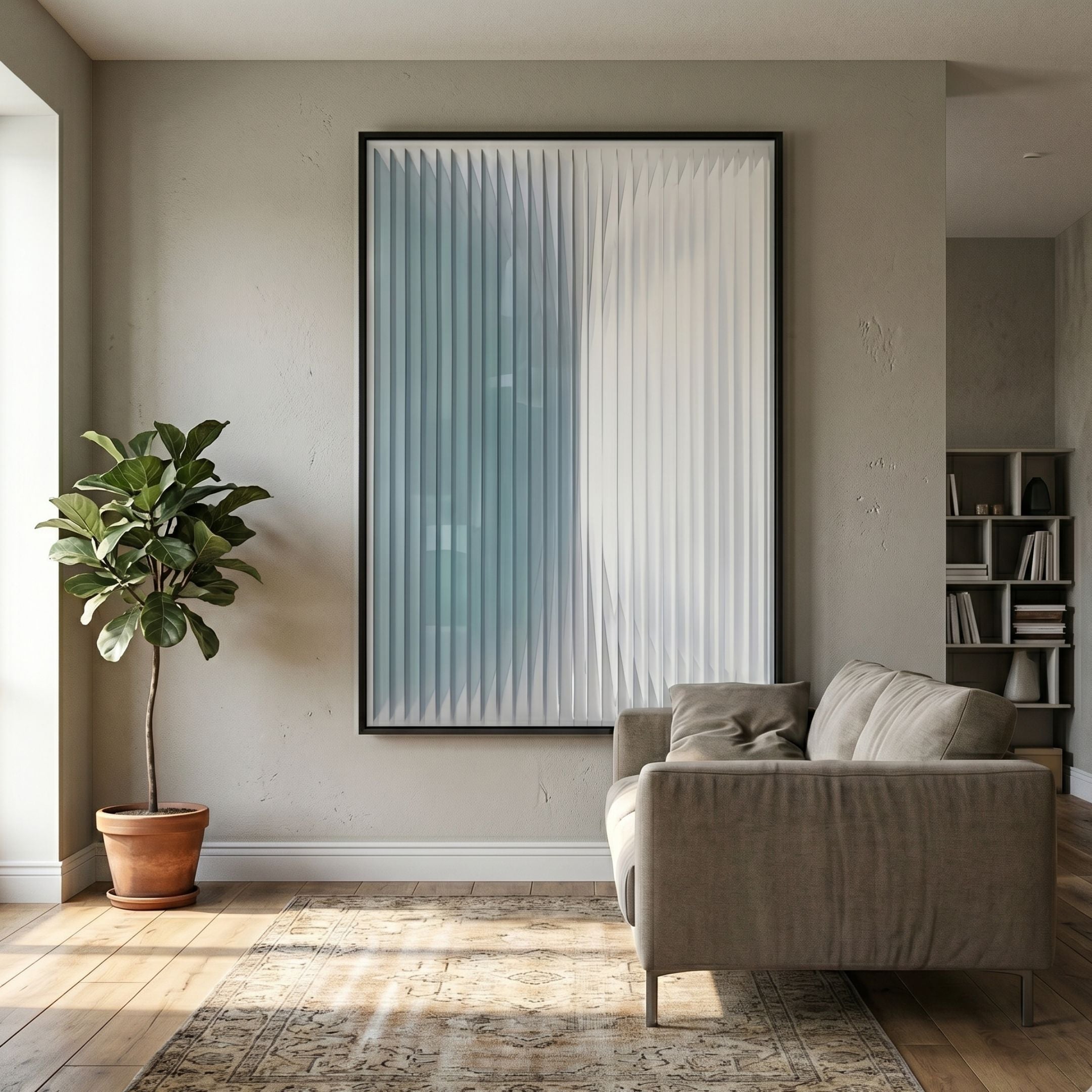 Verta Blue Gradient Acrylic 3D Wall Art by Giant Sculptures, vertical slats fading from sky-blue to white in a black frame, displayed above a grey sofa.