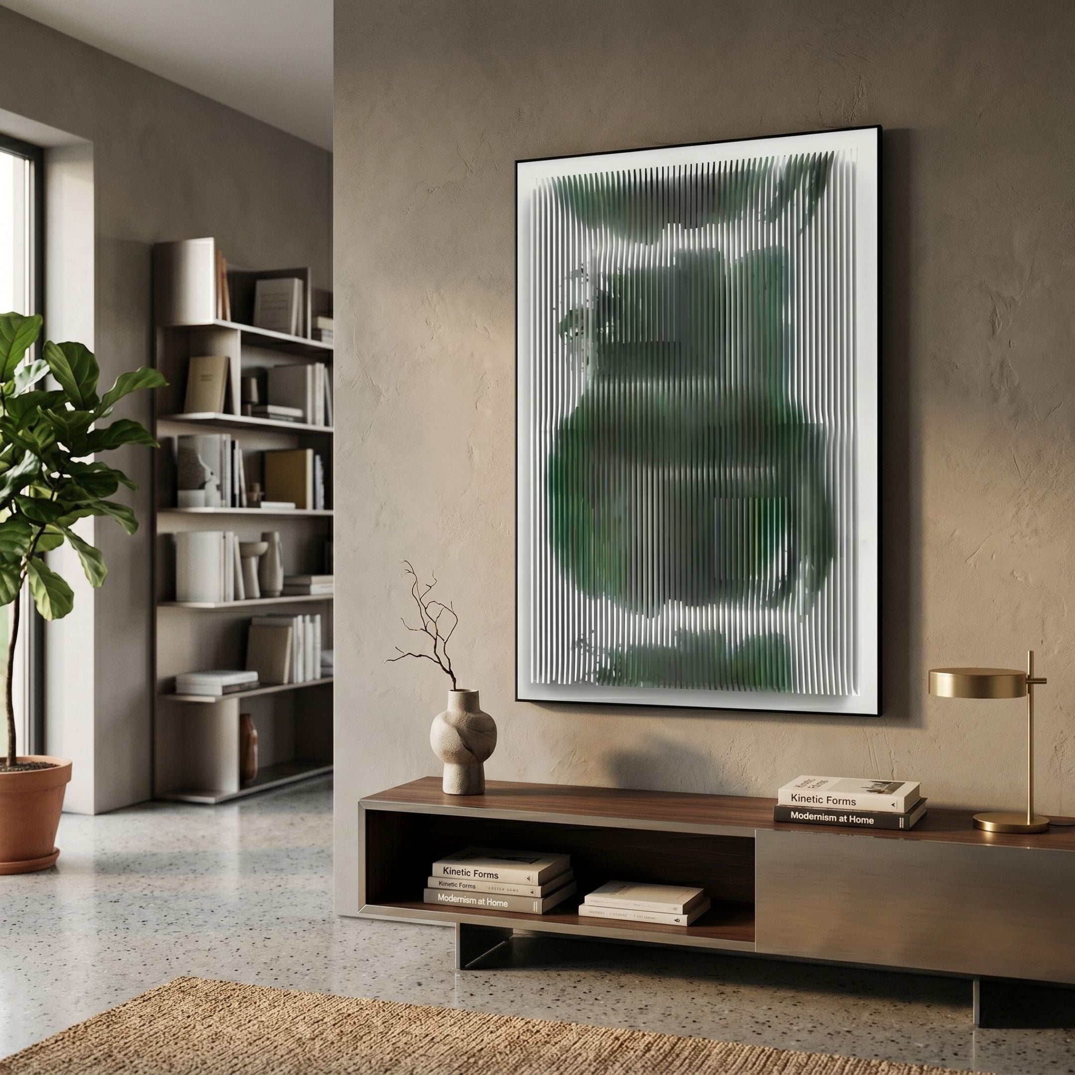 Nebula II Forest Mirage Acrylic 3D Wall Art by Giant Sculptures mounted above a walnut console in a modern living room with bookshelves and a fiddle leaf fig.