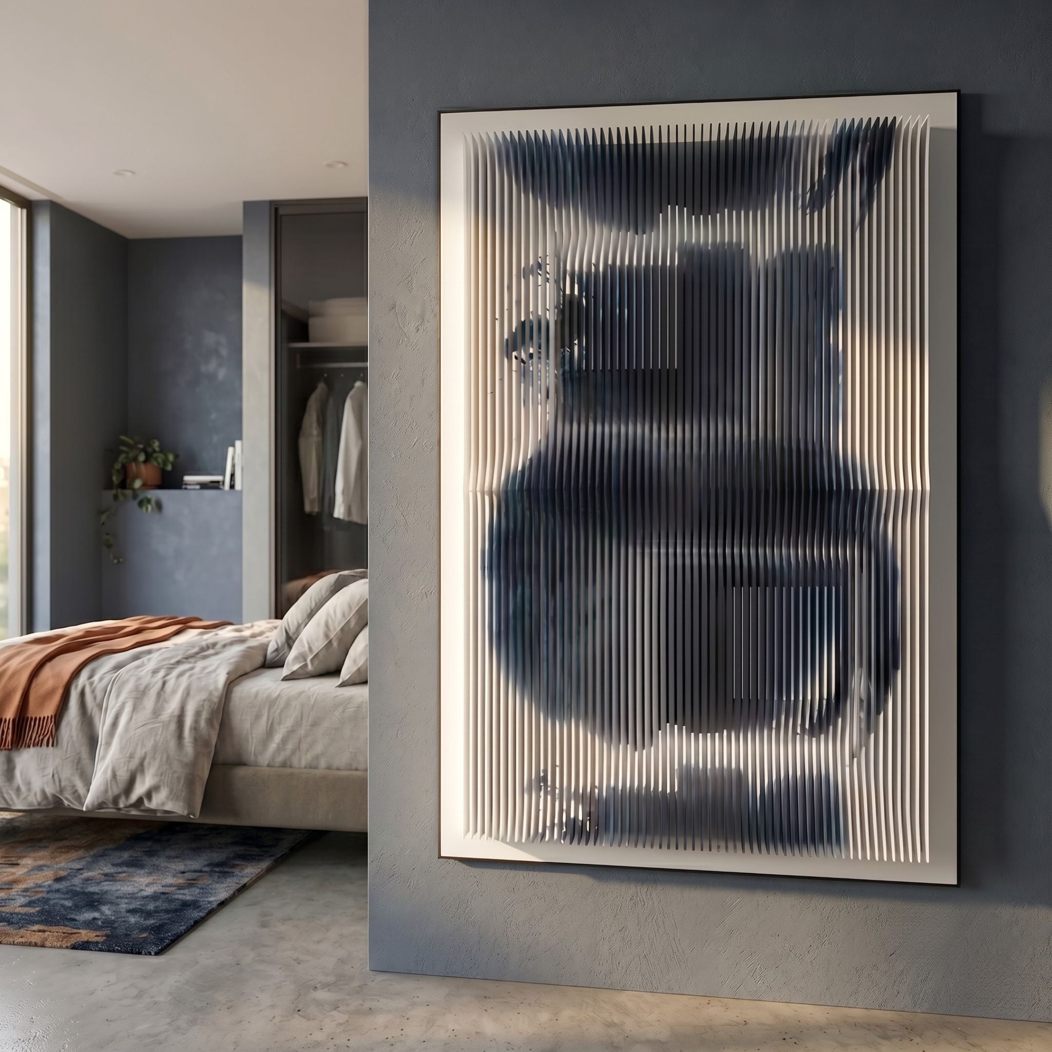 Nebula II Midnight Swirl Acrylic 3D Wall Art by Giant Sculptures mounted on a grey bedroom wall beside a linen bed, with vertical white slats over a blue swirl.