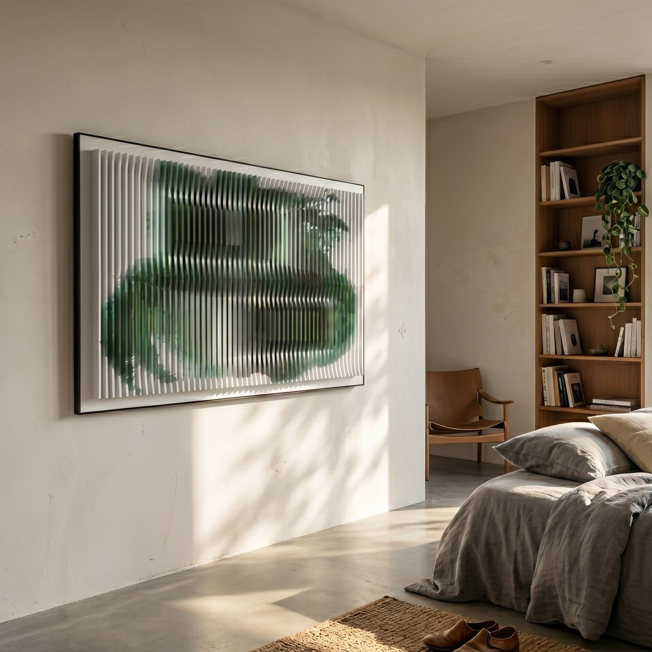 Nebula I Forest Mirage Acrylic 3D Wall Art by Giant Sculptures mounted on a cream wall in a modern bedroom with linen bedding and a wooden bookshelf.
