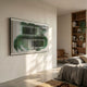 Nebula I Forest Mirage Acrylic 3D Wall Art by Giant Sculptures mounted on a cream wall in a modern bedroom with linen bedding and a wooden bookshelf.