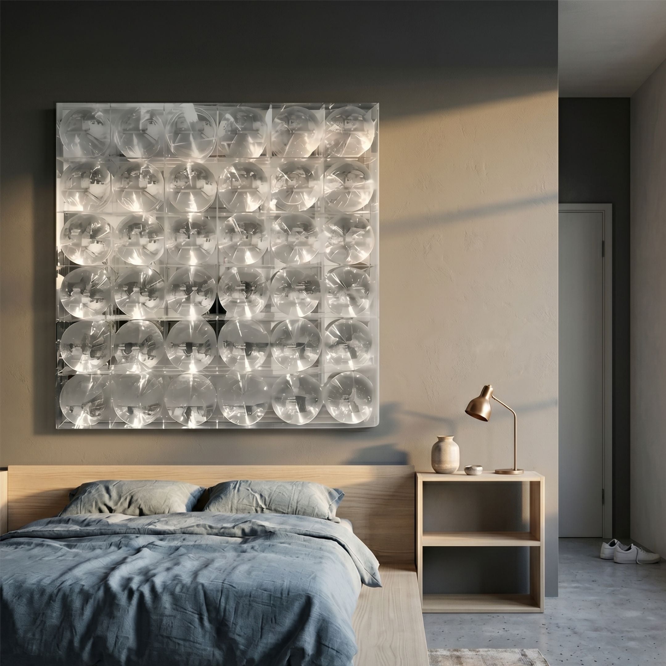 Haloid IV Bubble Grid Acrylic 3D Wall Art by Giant Sculptures mounted above a wooden bed with blue linen, beside a side table with a brass lamp.
