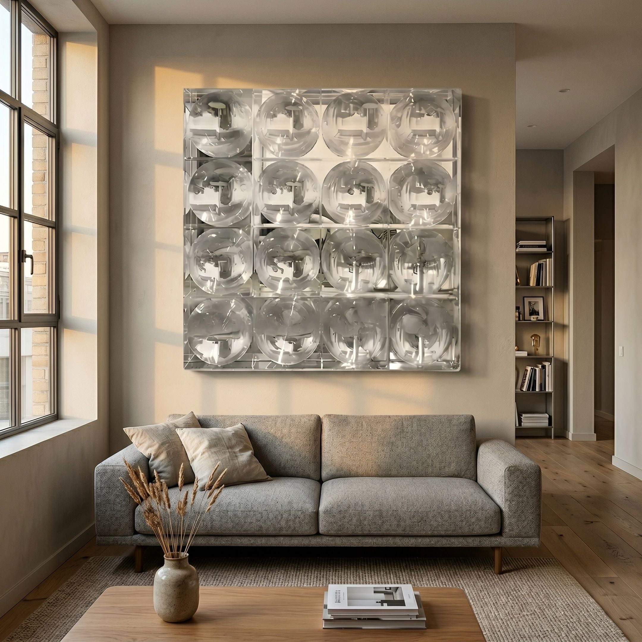 Haloid II Bubble Grid Acrylic 3D Wall Art by Giant Sculptures mounted above a grey sofa with linen cushions in a neutral living room with wood floors.