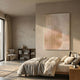 Lattice Amber Fade Acrylic 3D Wall Art by Giant Sculptures mounted above a linen-dressed bed in a warm neutral bedroom with a reading chair and bookshelf.
