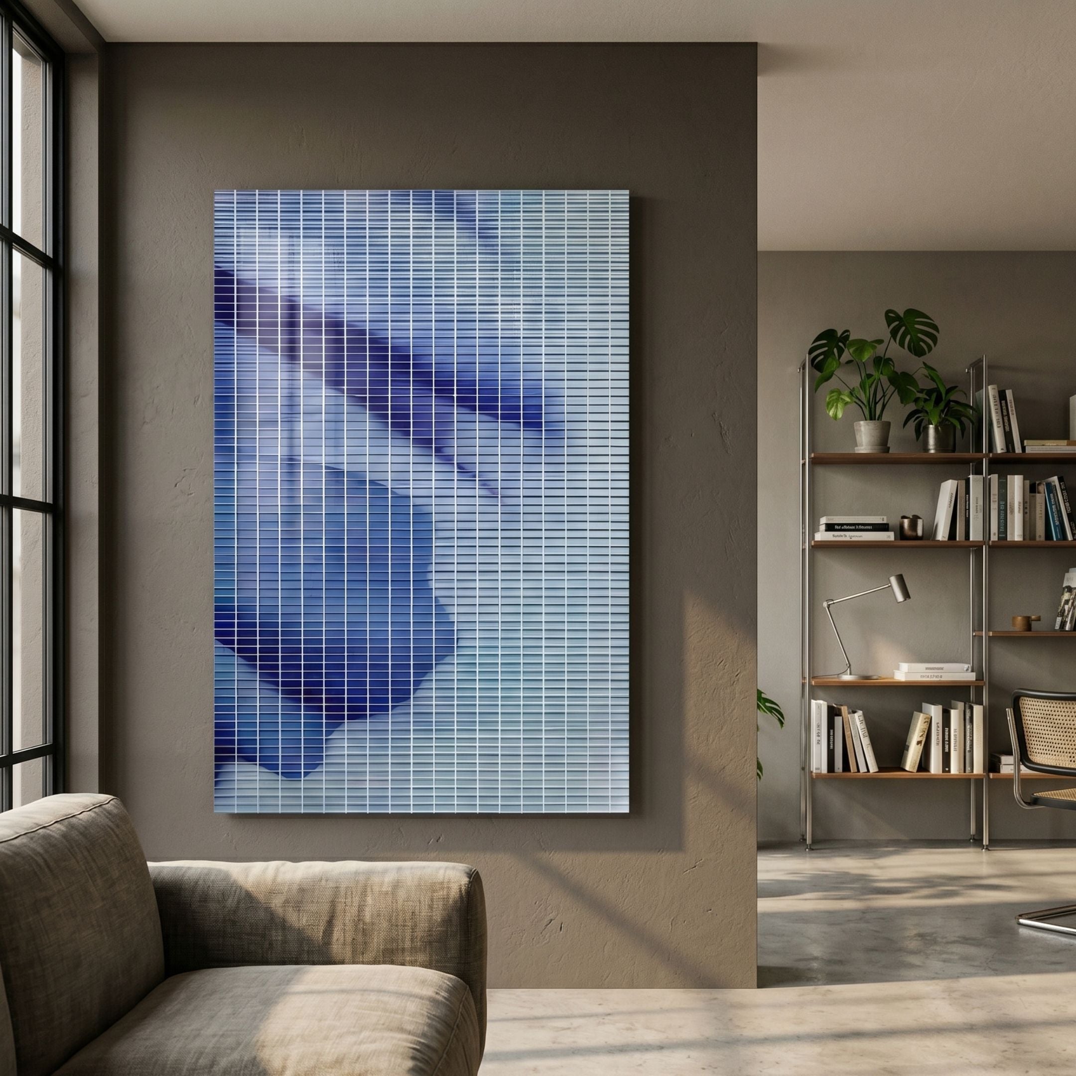 Lattice Indigo Fade Acrylic 3D Wall Art by Giant Sculptures mounted on a taupe wall in a modern living room with a linen sofa, bookshelf, and plants.
