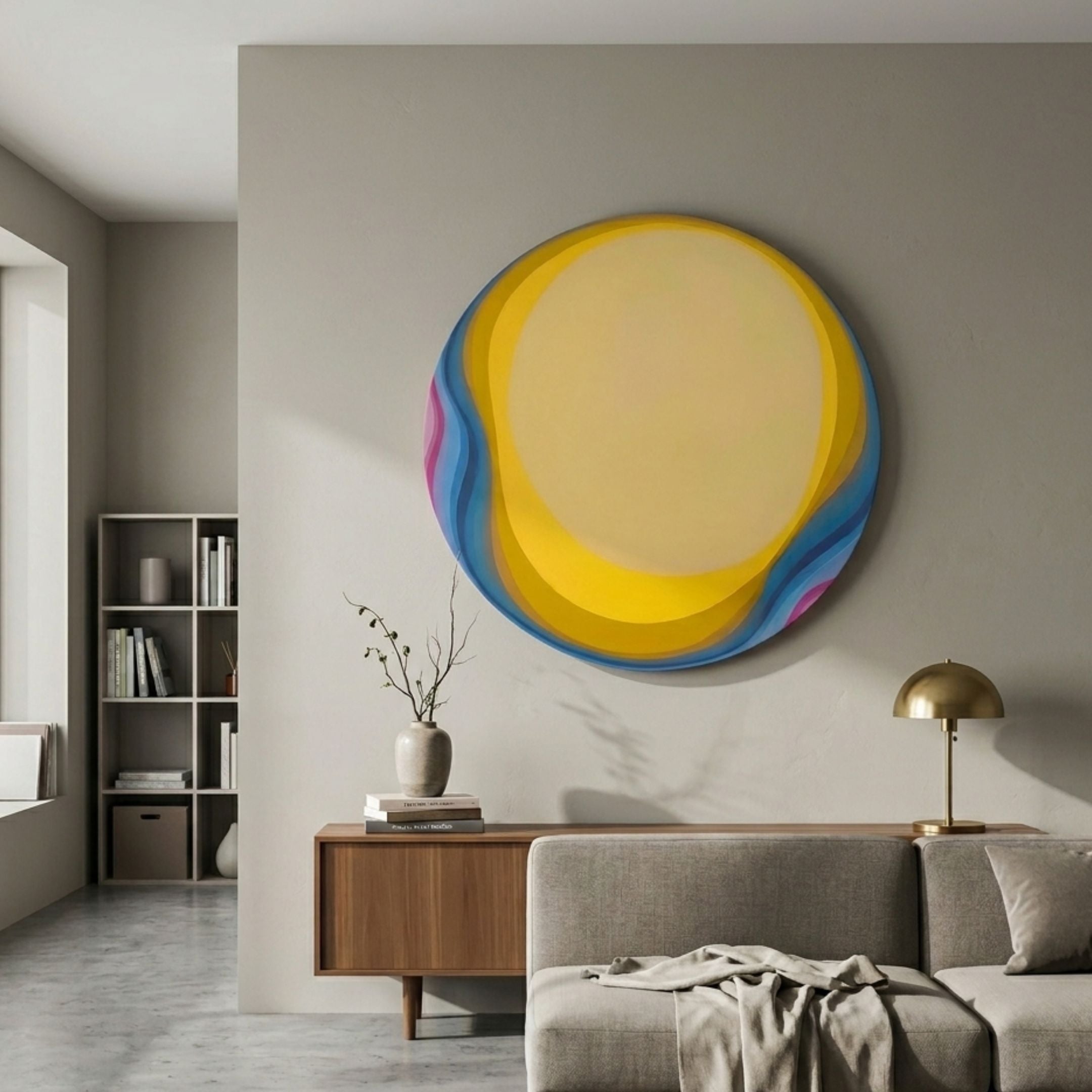 Rippletone Golden Amber Gradient Acrylic UV 3D Wall Art by Giant Sculptures displayed above a walnut sideboard in a Nordic living room with grey sofa.