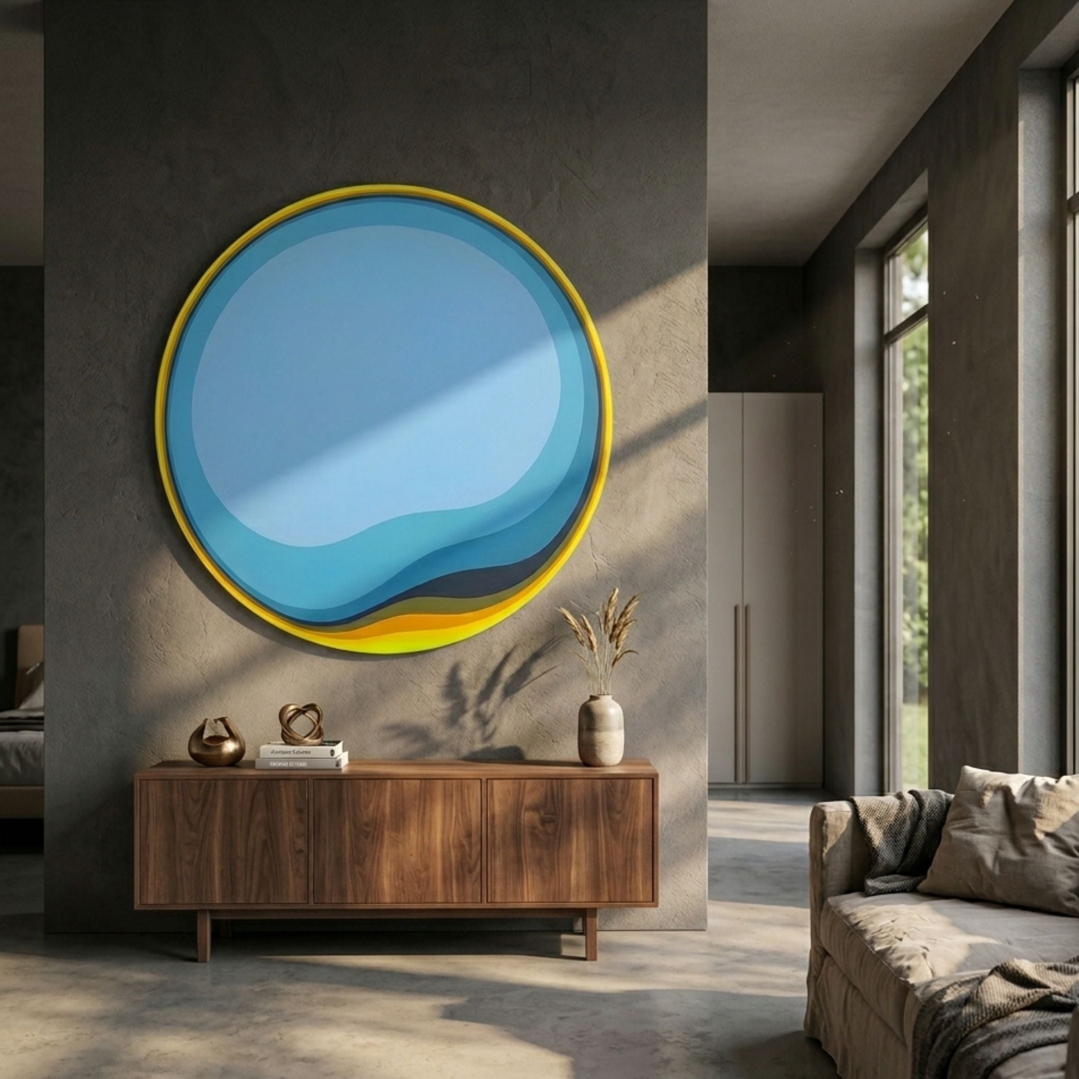 Rippletone Light Blue Gradient Acrylic UV 3D Wall Art mounted above a walnut sideboard in a modern concrete-walled living room with vase and sofa.