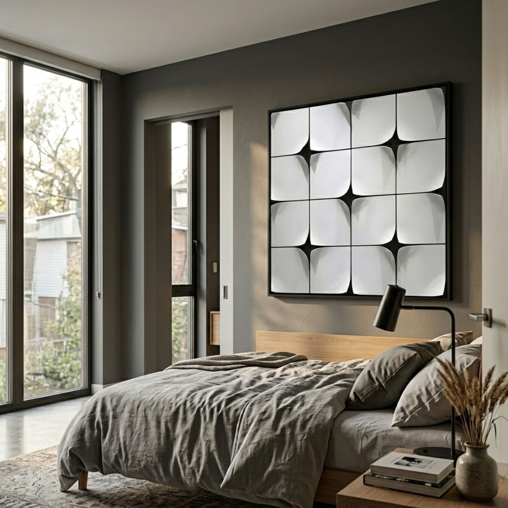 Glint Glossy White Curved Grid Frameless Acrylic 3D Wall Art by Giant Sculptures displayed above a wooden bed in a modern grey bedroom with linen bedding.