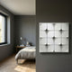 Glint Glossy White Curved Grid Framed Acrylic 3D Wall Art by Giant Sculptures displayed on a dark grey wall in a minimalist bedroom with oak flooring.