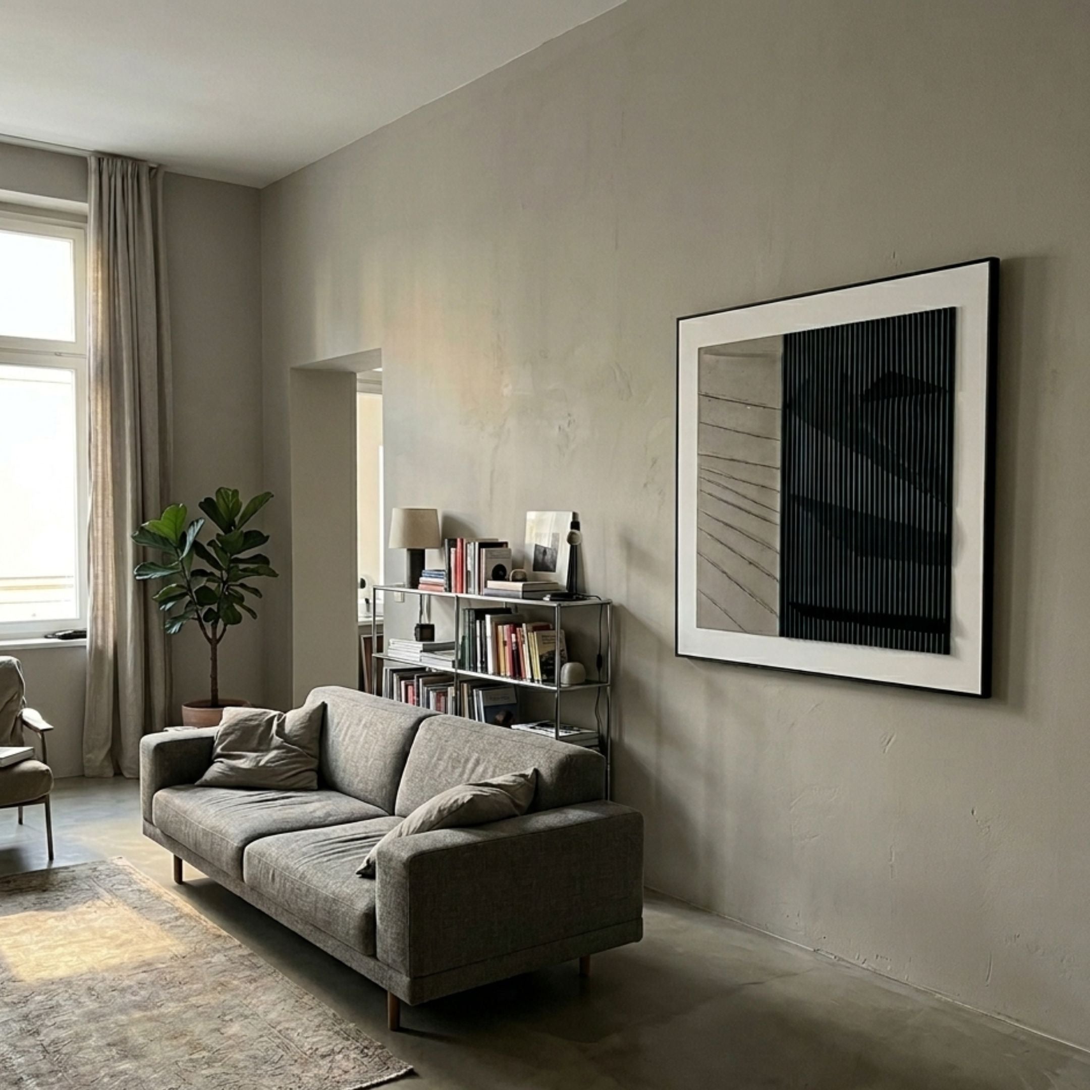 Ridge Taupe & Black Leather & Acrylic 3D Wall Art by Giant Sculptures displayed above a grey sofa in a neutral living room with a fiddle-leaf fig and bookshelf.