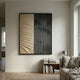 Ridge Beige & Black Leather & Acrylic 3D Wall Art with diagonal leather folds and vertical black blades, displayed above a low bookshelf in a neutral living room.