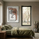 Linea Terra Accent Abstract Face Minimal Acrylic UV 3D Wall Art by Giant Sculptures displayed above a bed with olive green linens beside a window.