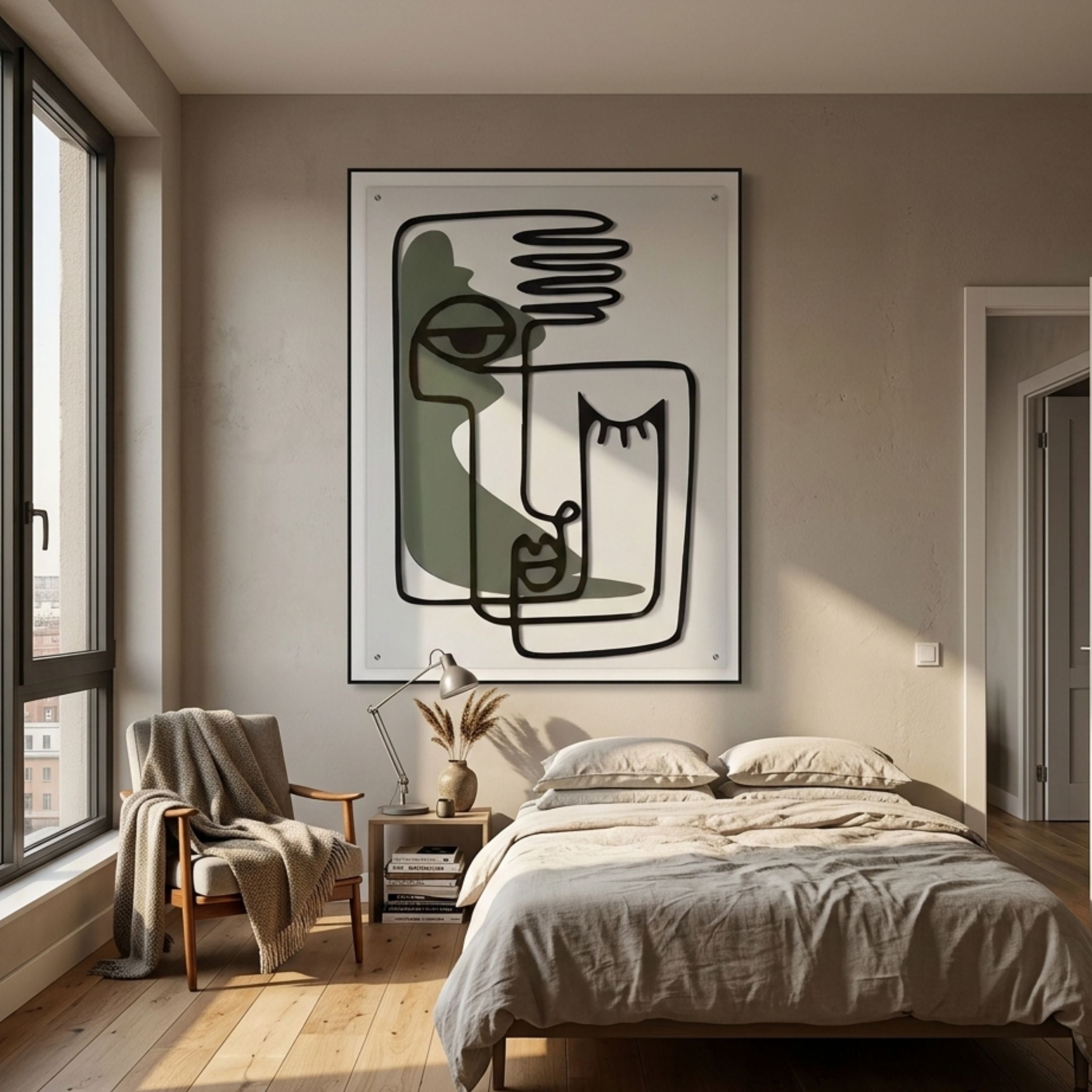 Linea Green Accent Abstract Face Minimal Acrylic UV 3D Wall Art by Giant Sculptures displayed above a bed in a sunlit minimalist bedroom with a wooden chair and throw.