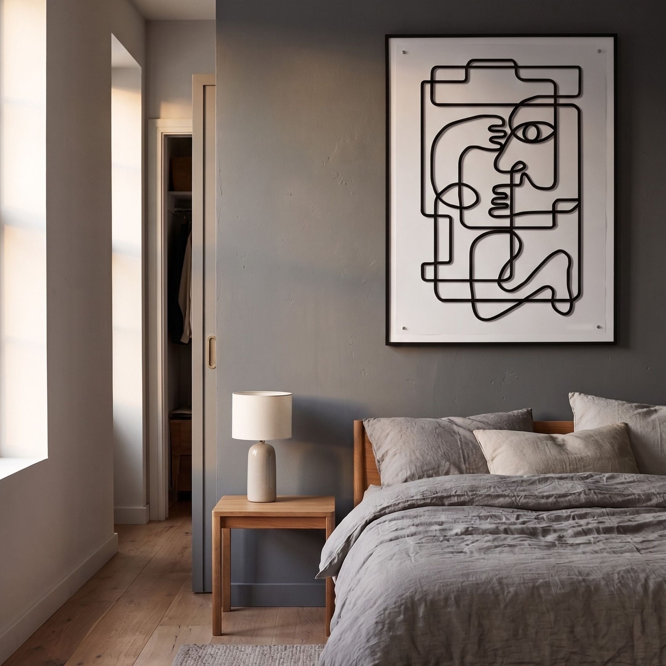 Linea Abstract Embrace Minimal Acrylic UV 3D Wall Art by Giant Sculptures displayed above a wooden nightstand in a grey-walled bedroom with linen bedding.