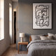 Linea Abstract Embrace Minimal Acrylic UV 3D Wall Art by Giant Sculptures displayed above a wooden nightstand in a grey-walled bedroom with linen bedding.