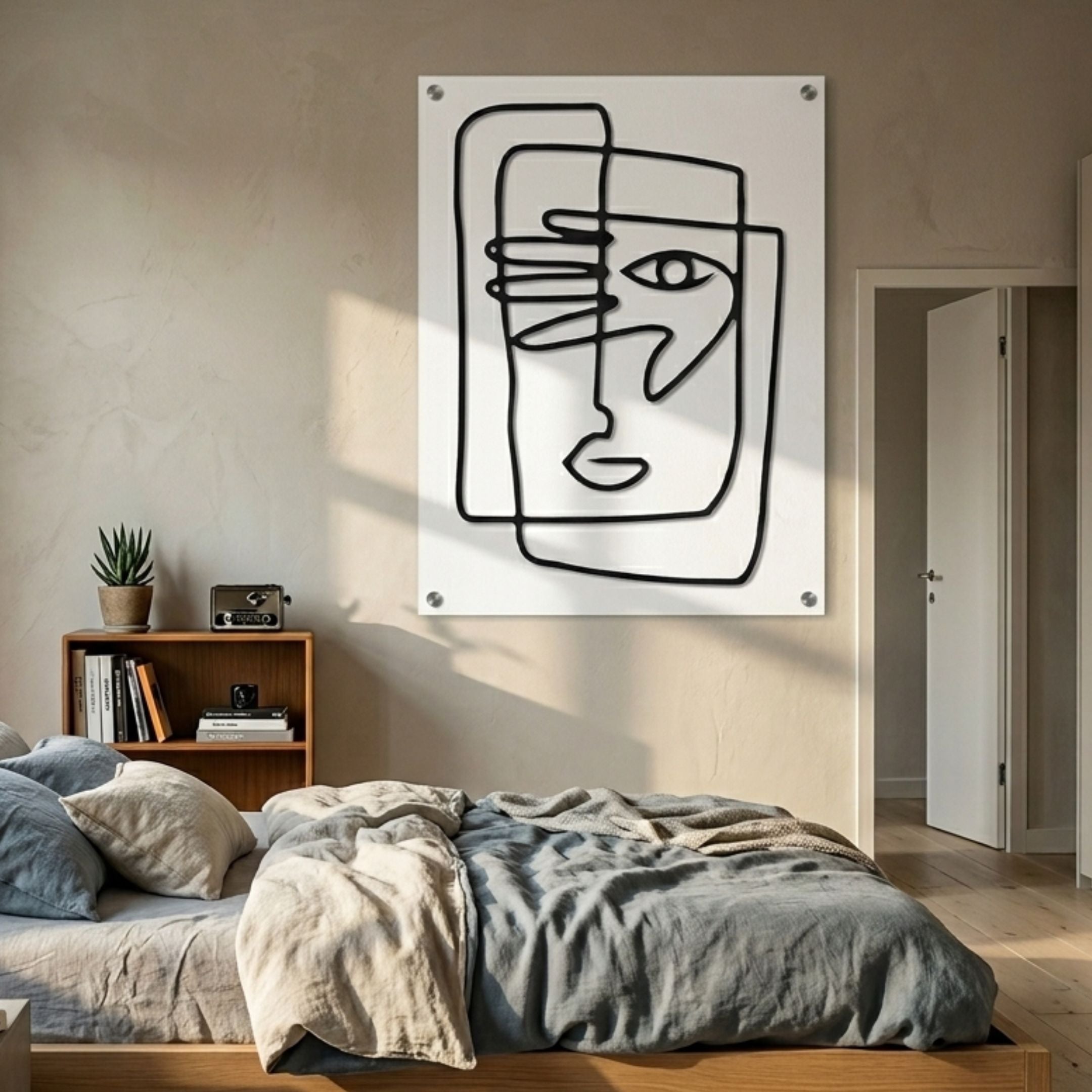 Linea Shielded Face Minimal Acrylic UV 3D Wall Art by Giant Sculptures mounted above a bed with linen bedding and a wooden nightstand in a bedroom.